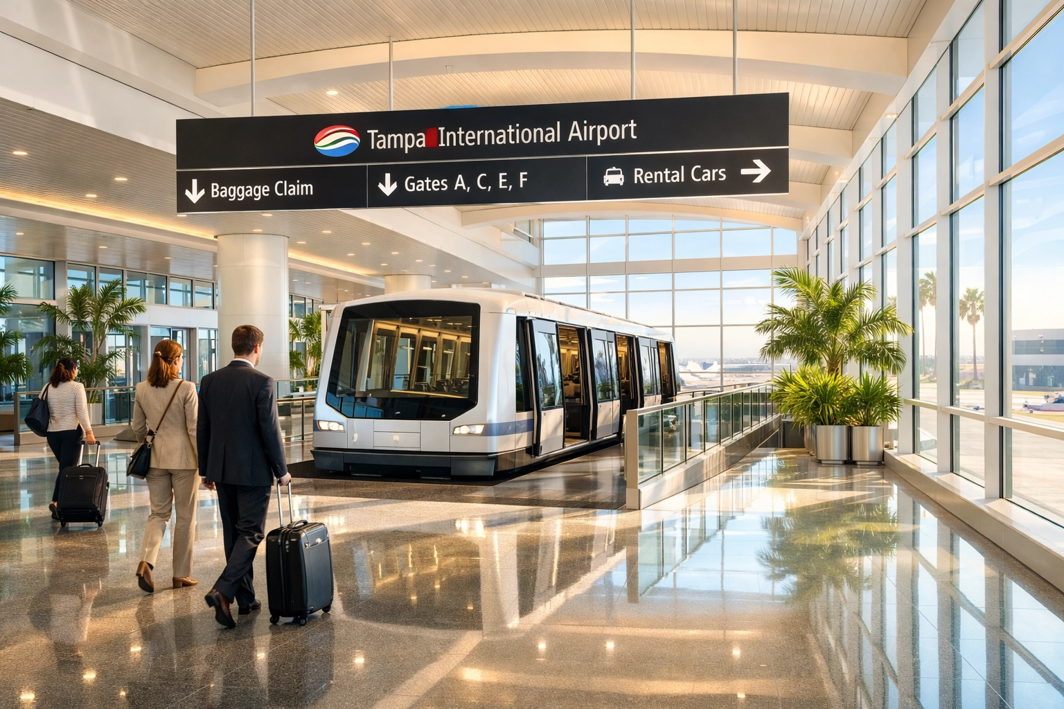 Modern interior of Tampa International Airport TPA terminal featuring a passenger shuttle for seamless travel.