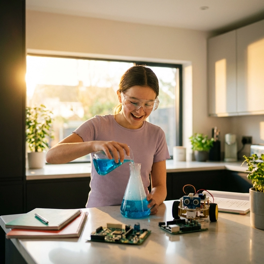 Teen girl conducts a colorful STEM experiment at home, exploring science discovery and hands-on summer learning.