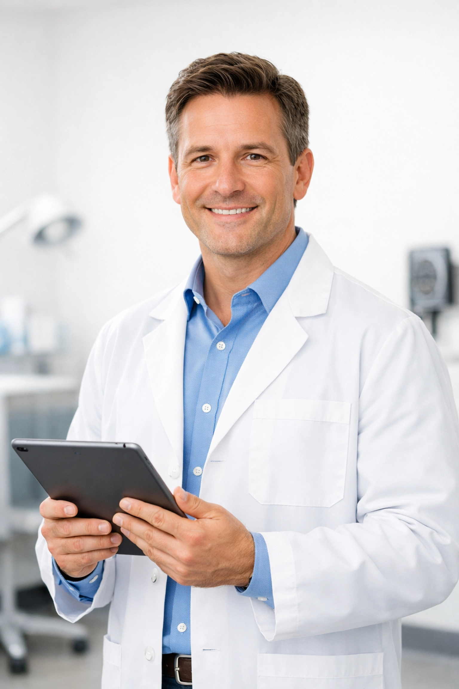 A professional medical provider in a lab coat ready to perform an online medical weight loss assessment.