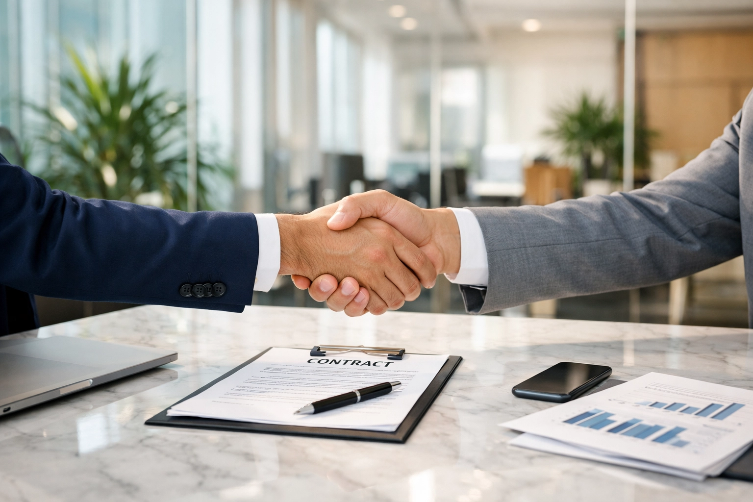 Business leaders shaking hands after a ServiceNow ITOM and ITAM ROI and license audit.