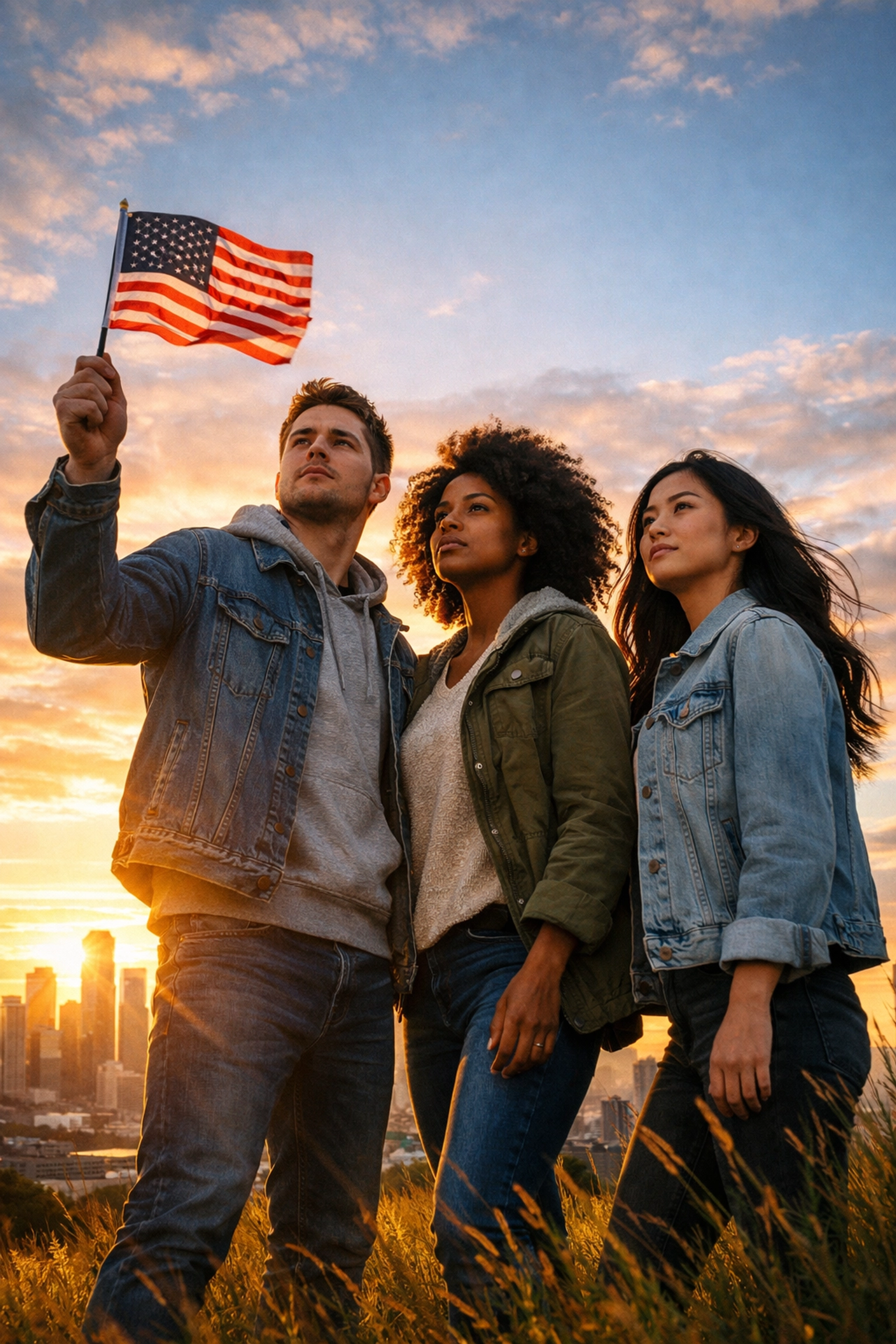 Young Americans holding a flag at sunrise, representing the future of the American experiment in 2026.