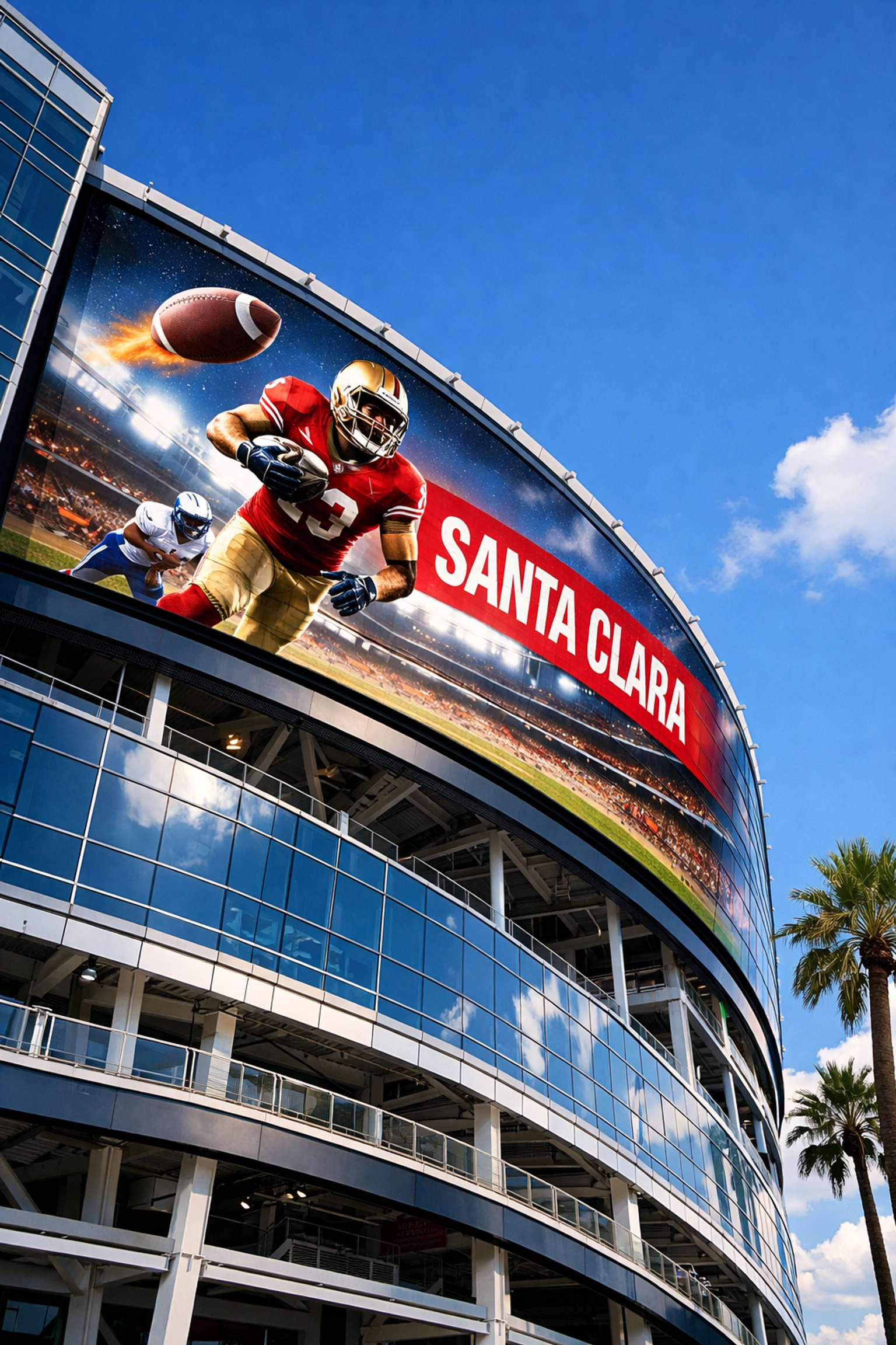 Massive digital billboard on a sleek glass stadium exterior showing Super Bowl 2026 advertising.