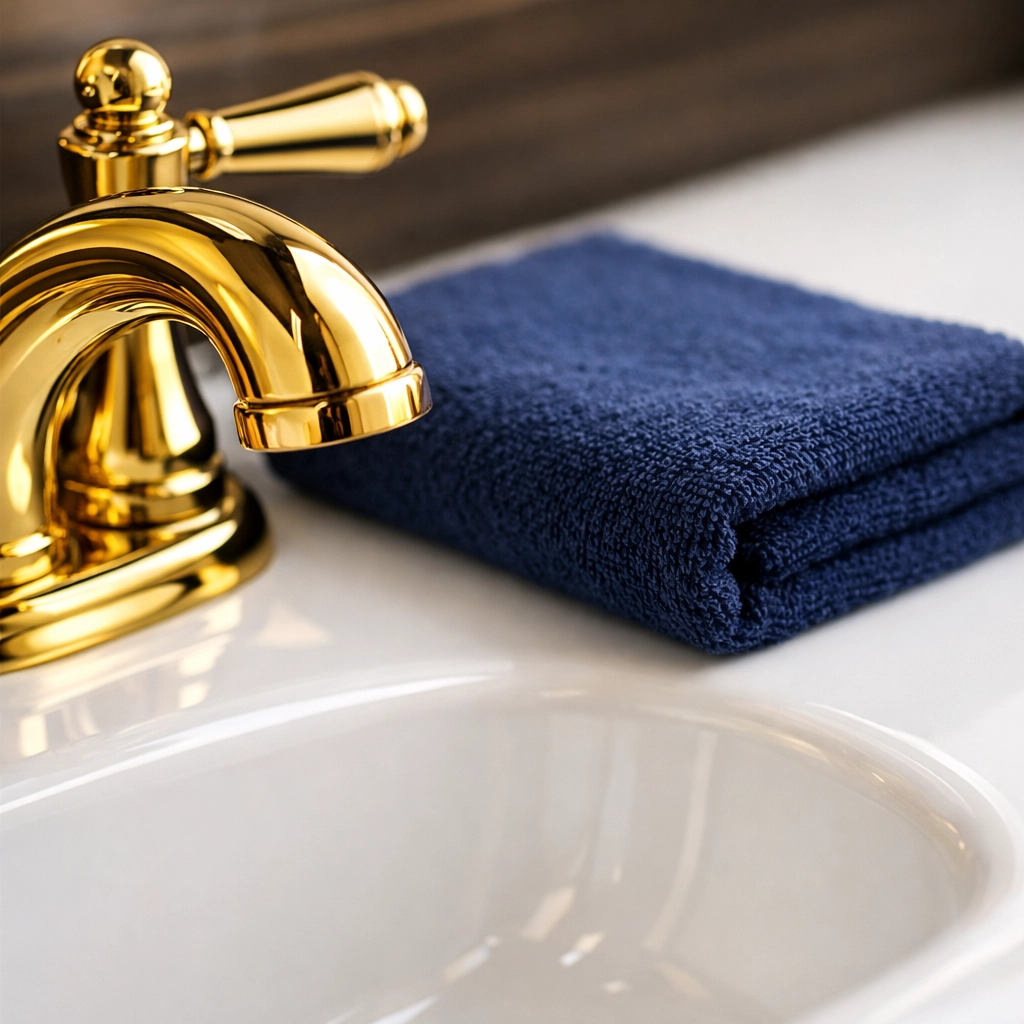 Detailed residential cleaning Massachusetts showing a high-shine brass faucet and spotless white bathroom vanity.