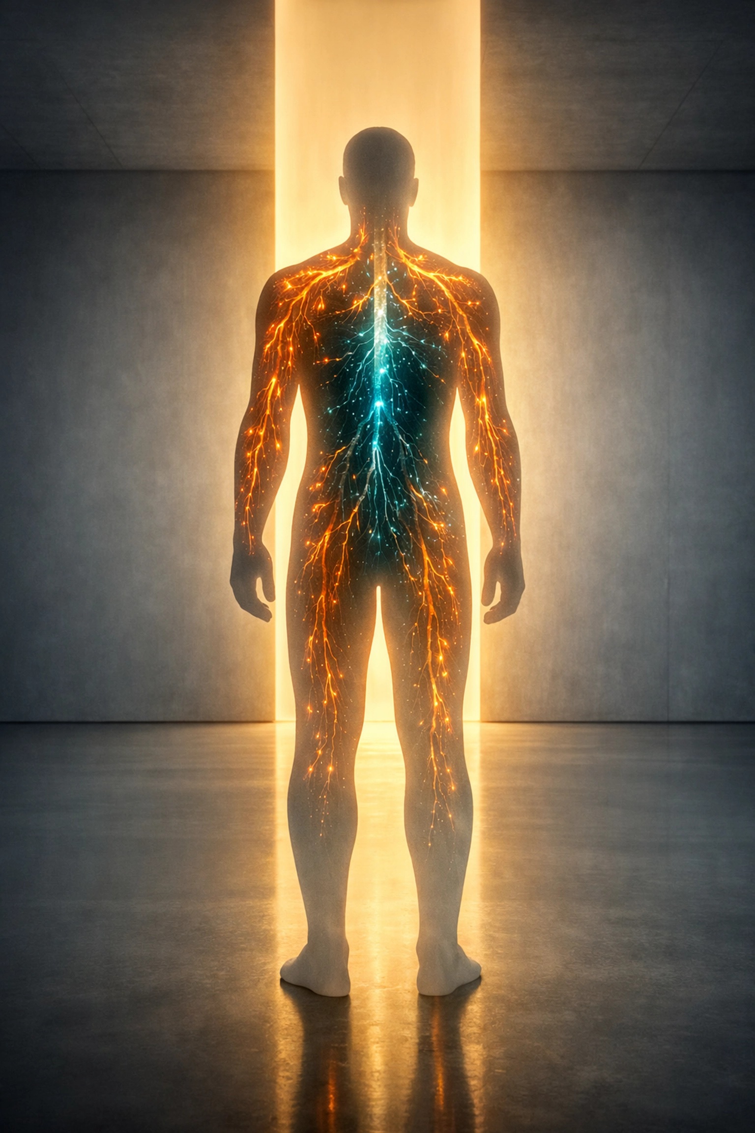Human silhouette showing the nervous system window of tolerance and physiological balance between stress and calm.