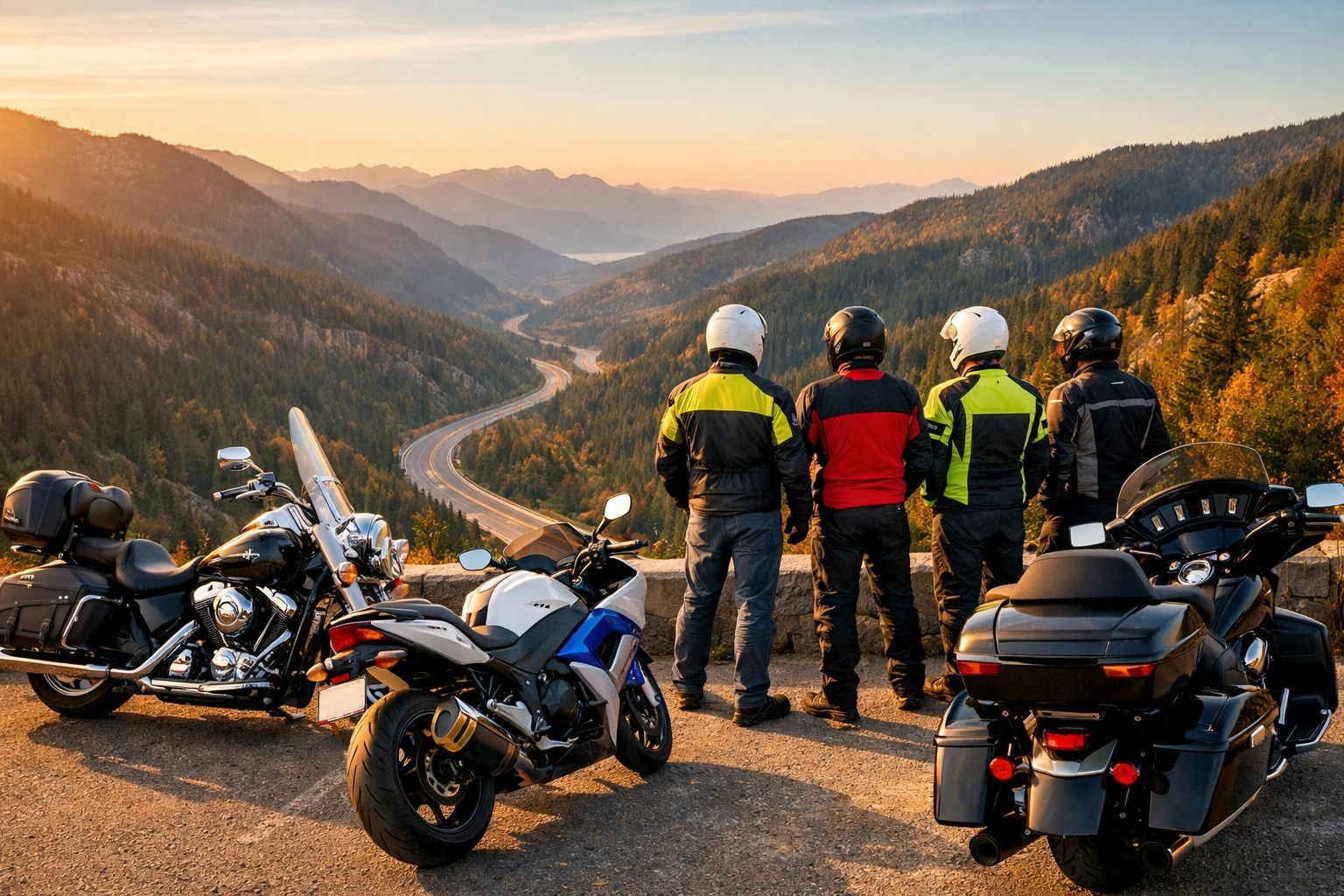 Motorcycle riders in safety gear at a scenic overlook showing industry-wide safety collaboration.