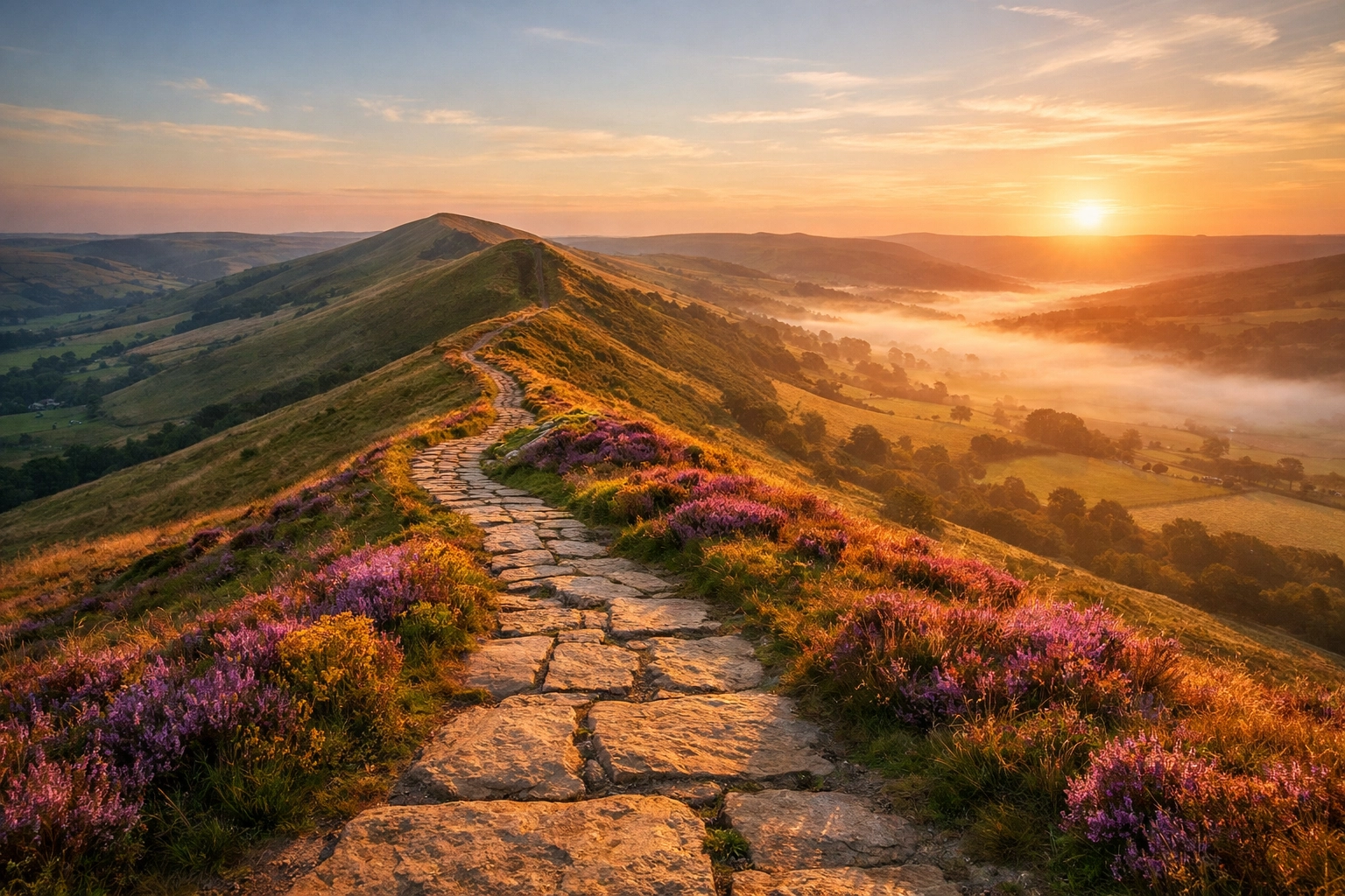 The iconic Mam Tor ridge trail in the Peak District during a golden hour weekend hike.