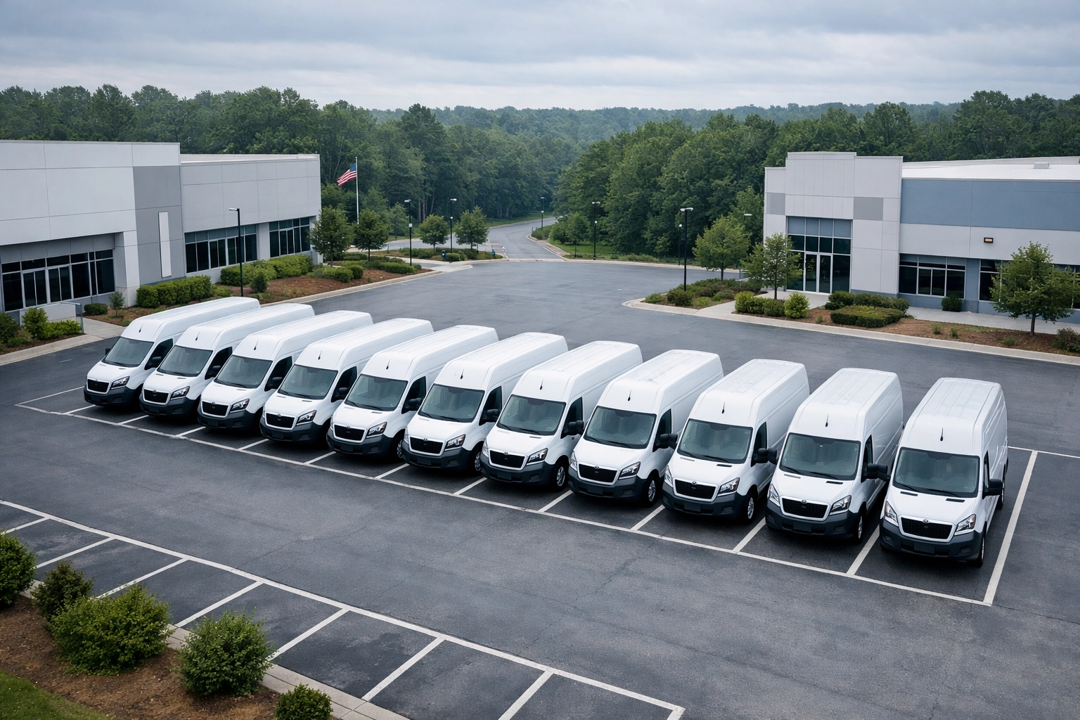 Organized fleet of HVAC and plumbing service vans at a North Carolina industrial center.