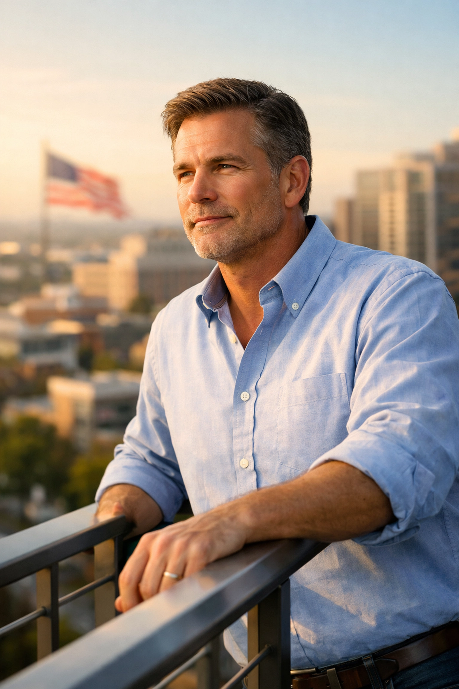 A patriotic leader reflecting on personal accountability and civic integrity during sunset.