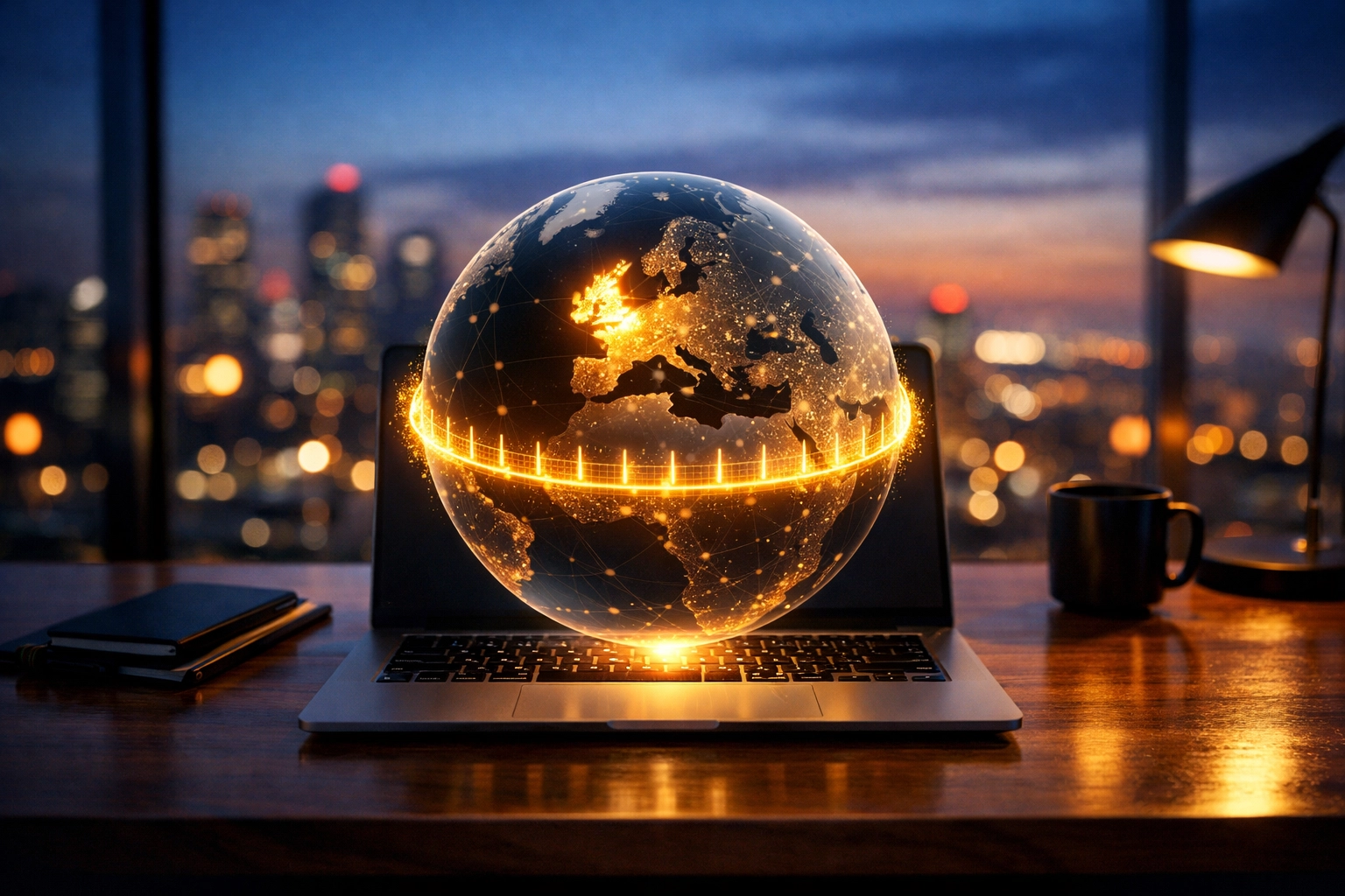 A laptop showing a digital globe highlighting the UK to represent Conditional Access security policies.