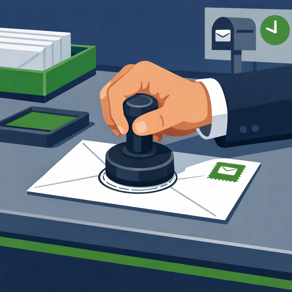 Illustration of a manual postmark being applied to an envelope for secure New Haven tax filing.