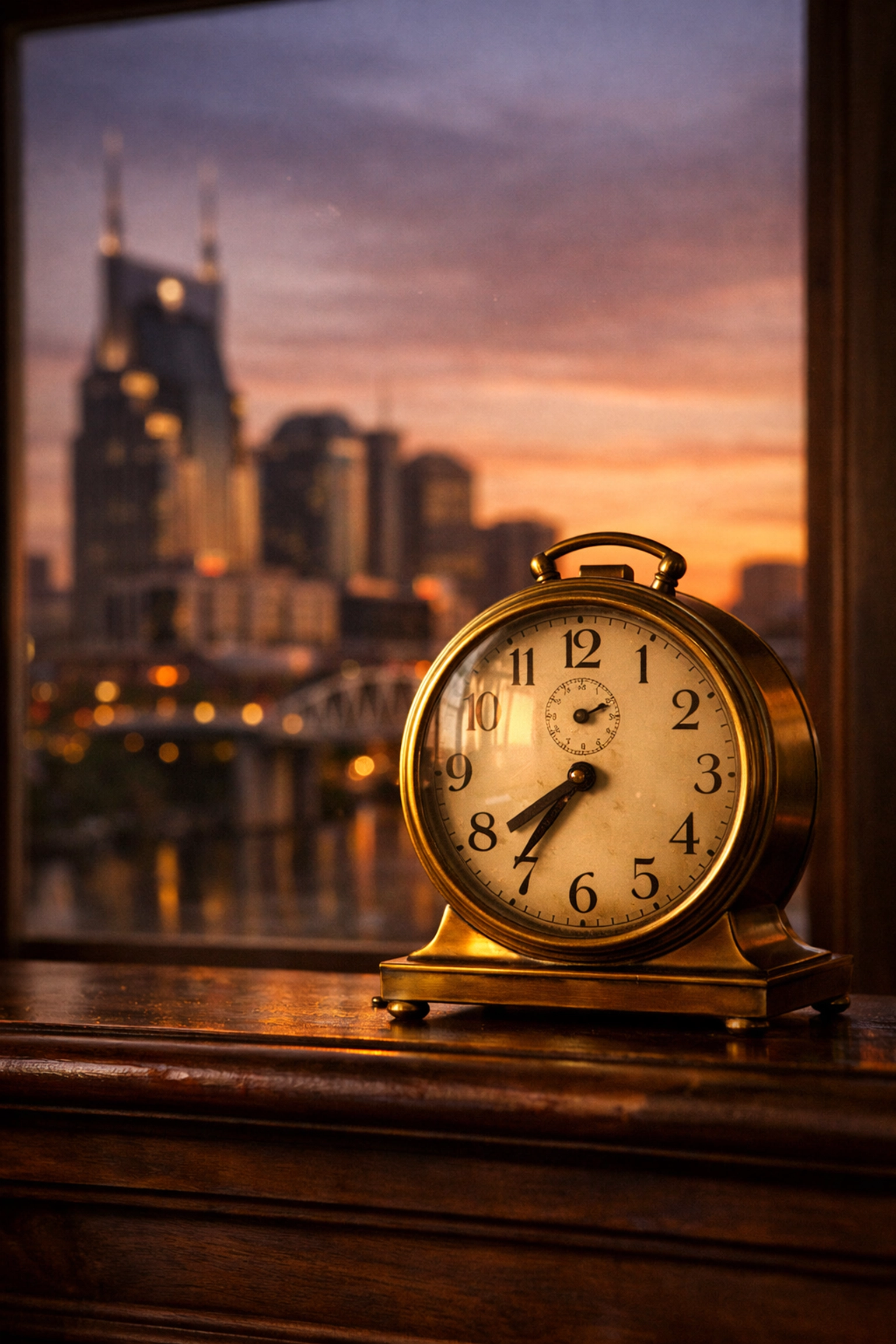 Desk clock with the Nashville skyline background, highlighting the urgent foreclosure timeline in Tennessee.
