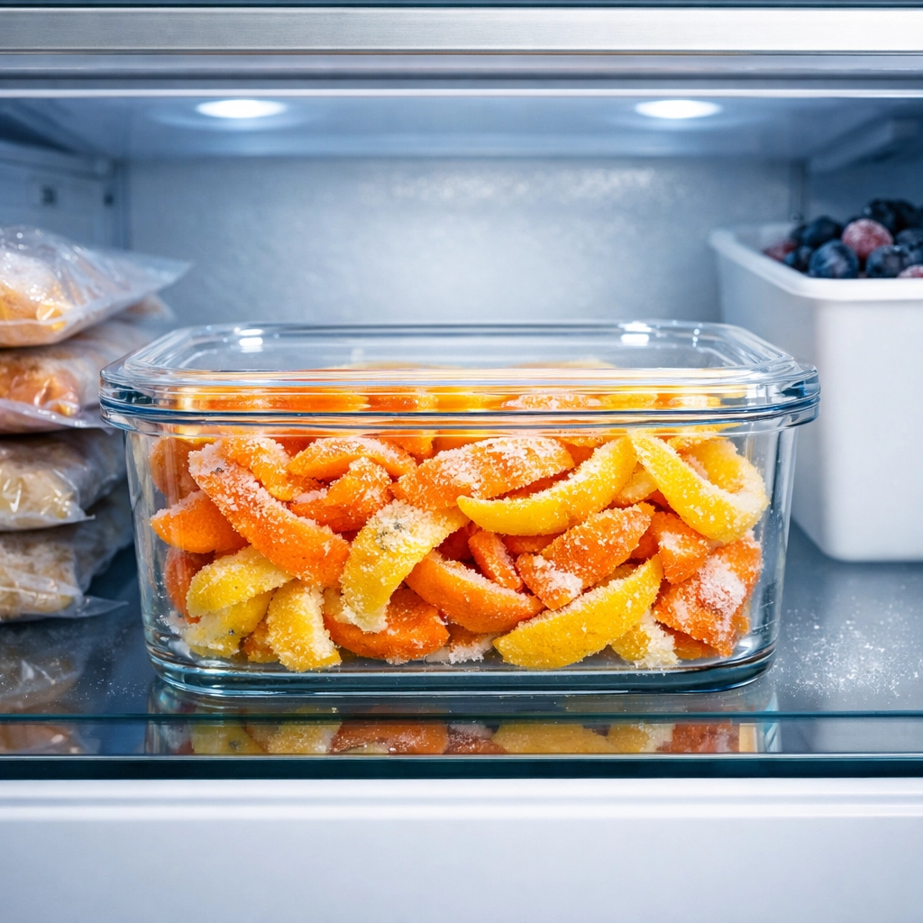 Organized glass container of frozen citrus peels in a freezer for a quick disposal cleaning hack.