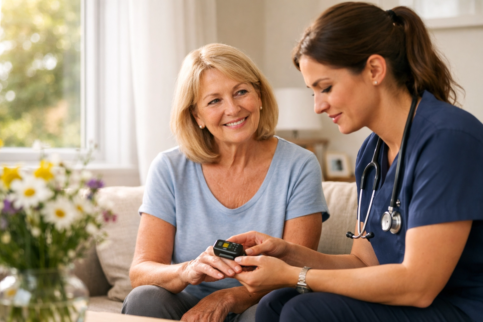 Professional carer providing specialist clinical home care to a client in a comfortable Bitterne residence.