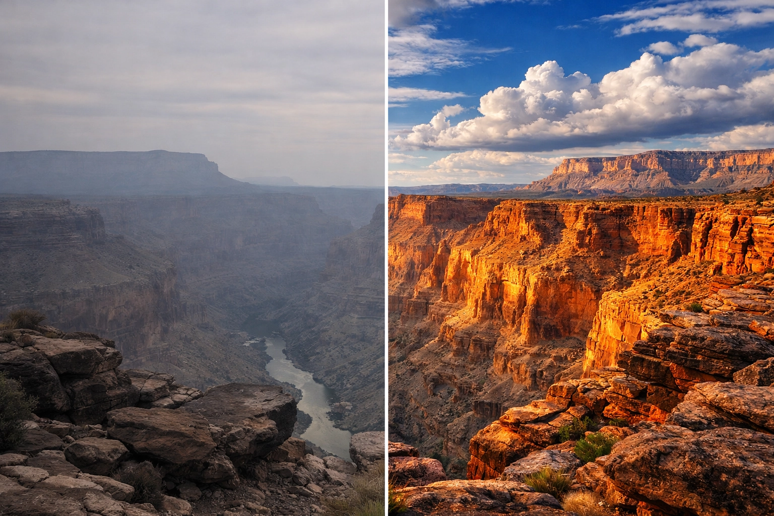 Comparison of a raw canyon photo and edited landscape photography using post-processing tools.
