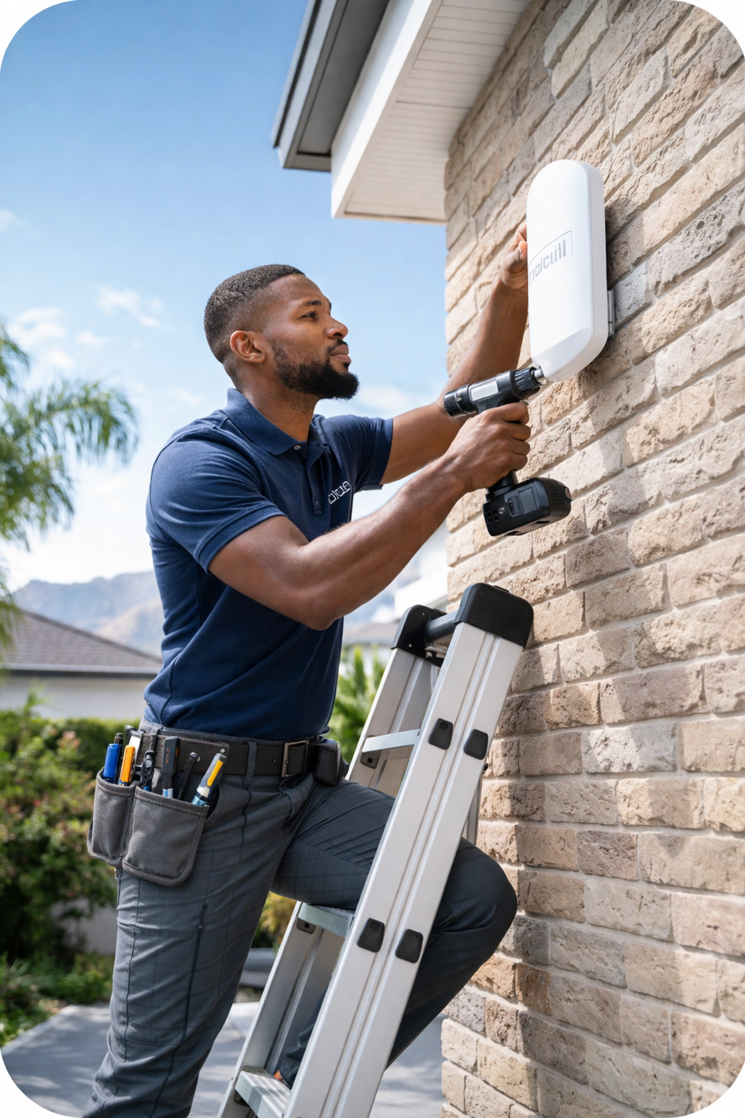 Technician professionally installing a Ubiquiti point-to-point WiFi bridge on a Brackenfell home