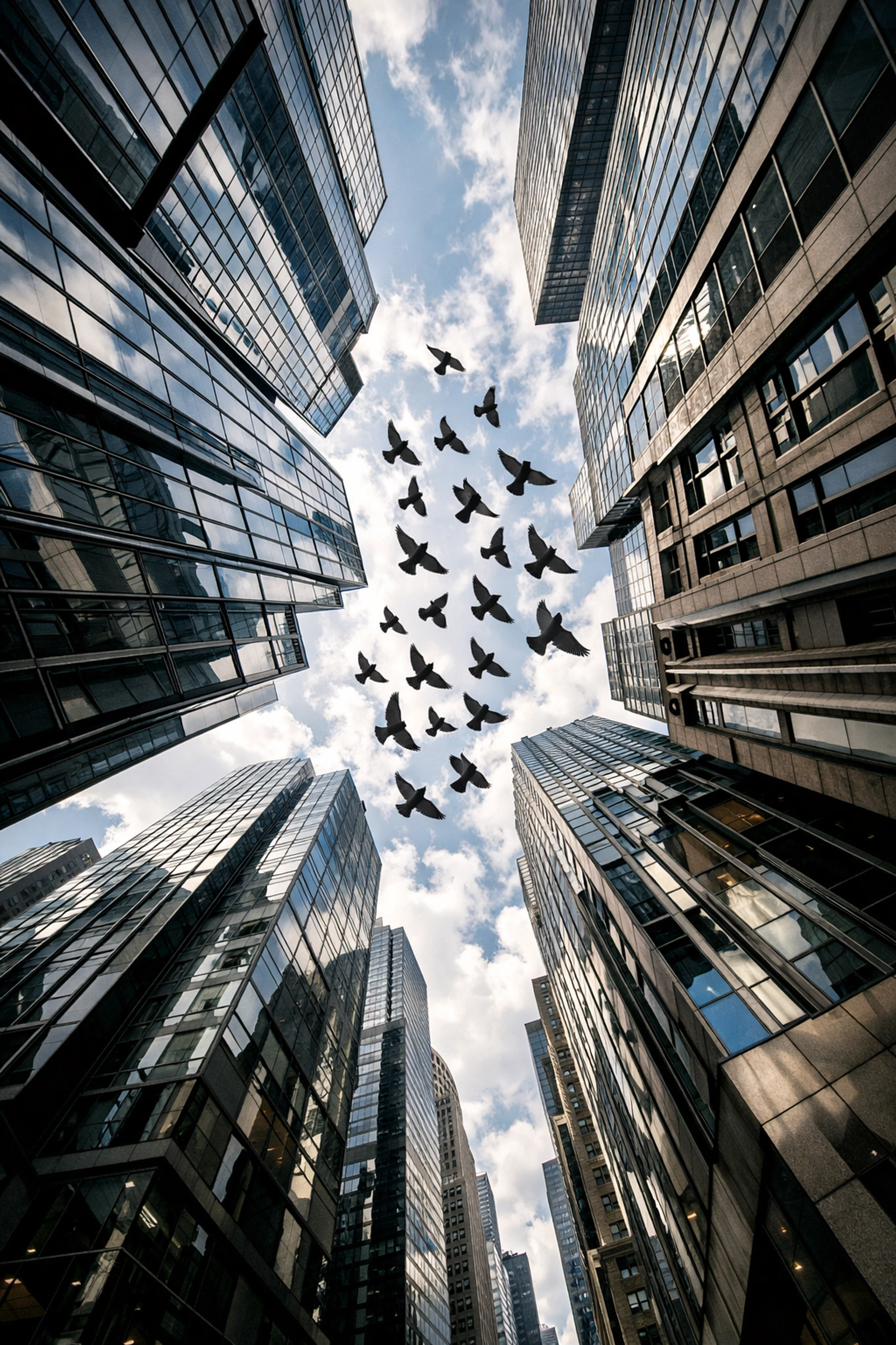Low angle view of skyscrapers and birds, illustrating one of our creative street photography ideas.
