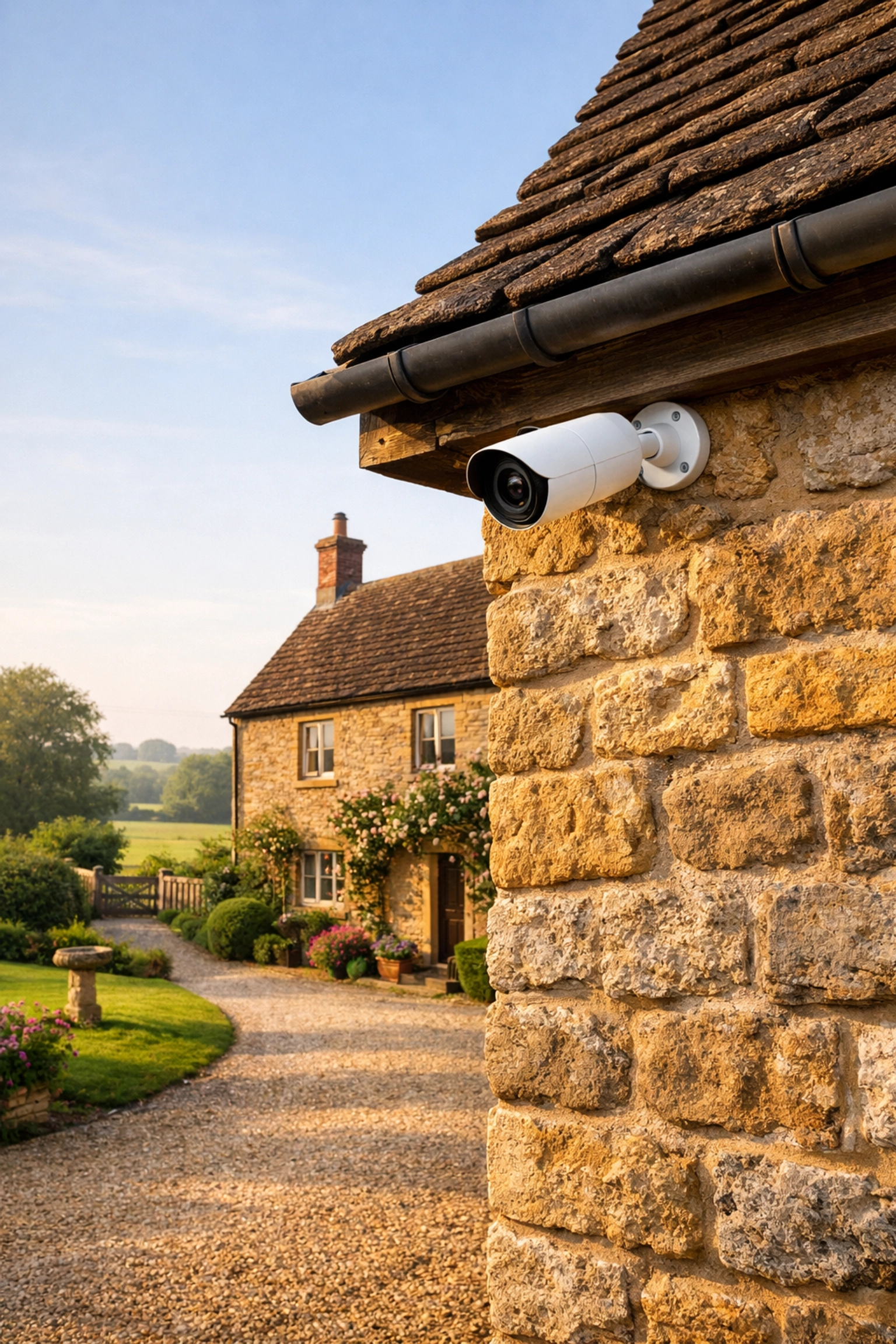 Discreet white bullet CCTV camera installed on a traditional Somerset stone cottage eaves overlooking a driveway.