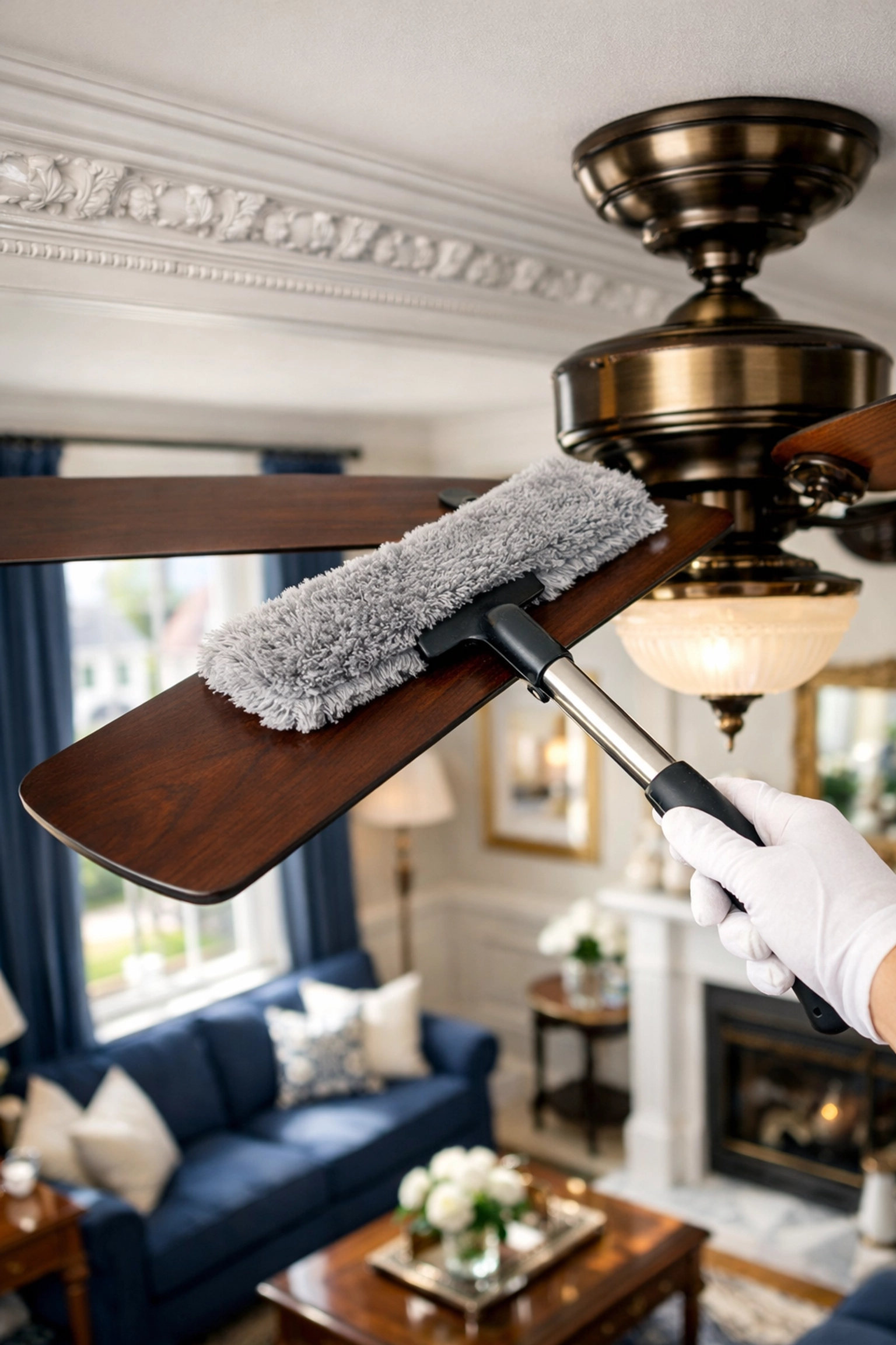 Professional Worcester deep cleaning of a Victorian ceiling fan to remove urban dust and soot.