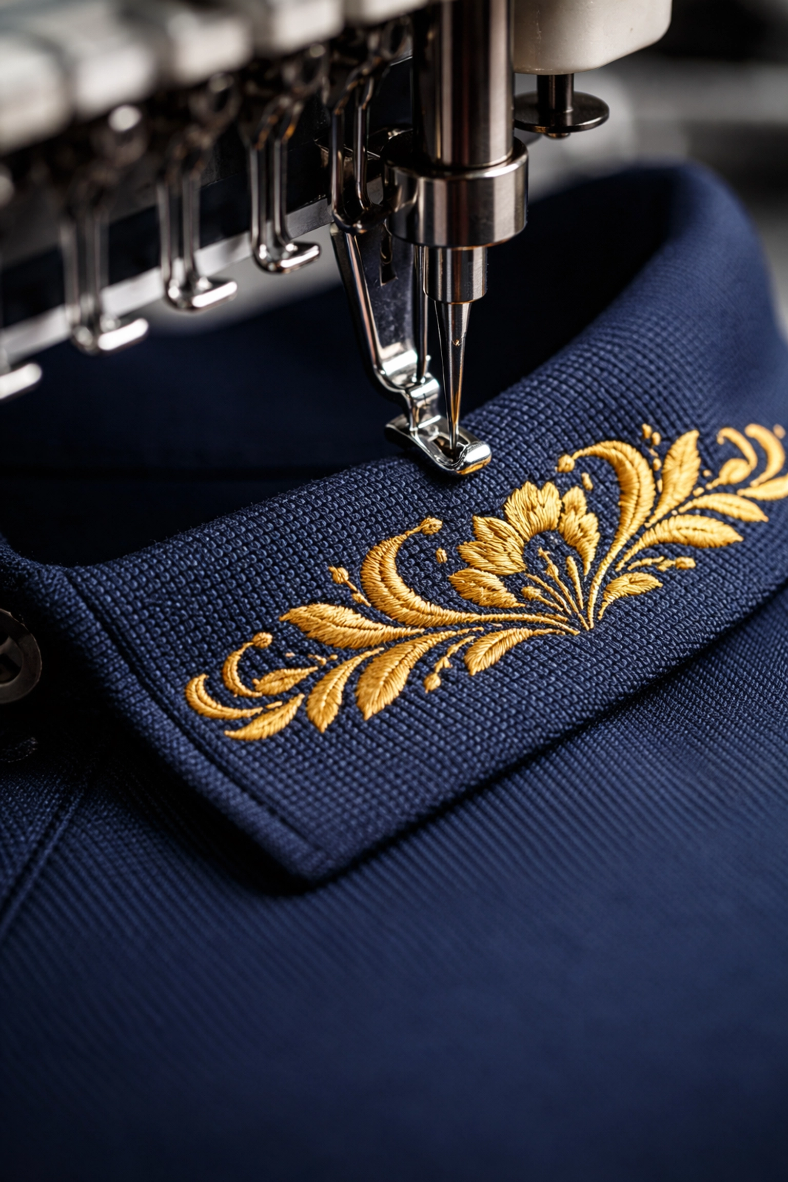 Macro of embroidery process on a navy polo collar, featuring golden thread for premium branded Tampa apparel.