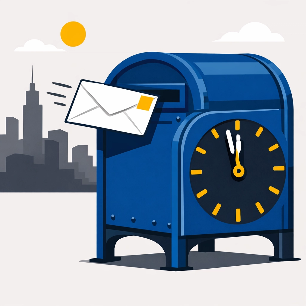 Mailing a tax return envelope into a blue mailbox before the midnight deadline to ensure a timely IRS postmark.