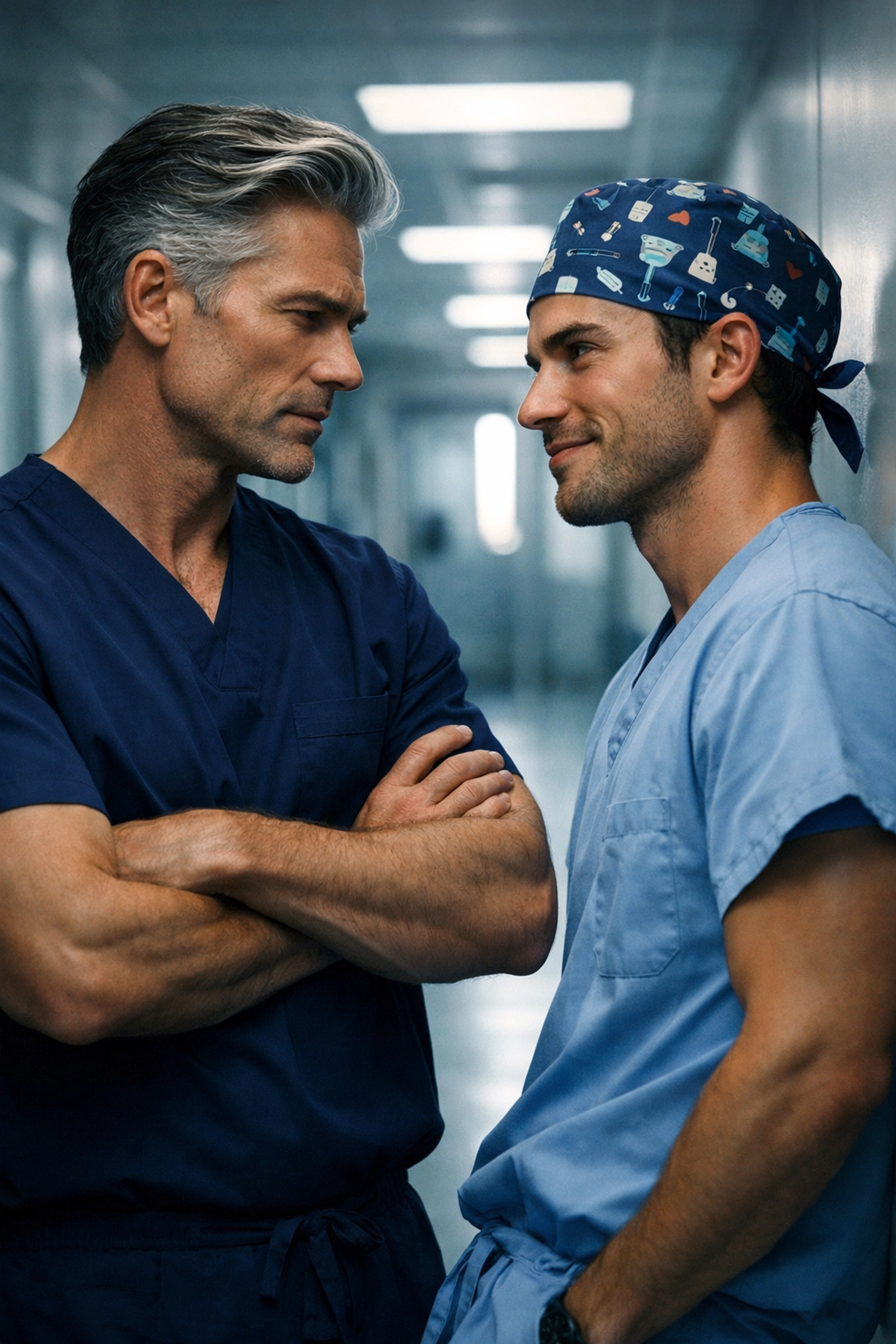 A stern surgeon and witty specialist sharing an intense moment in a hospital hallway.