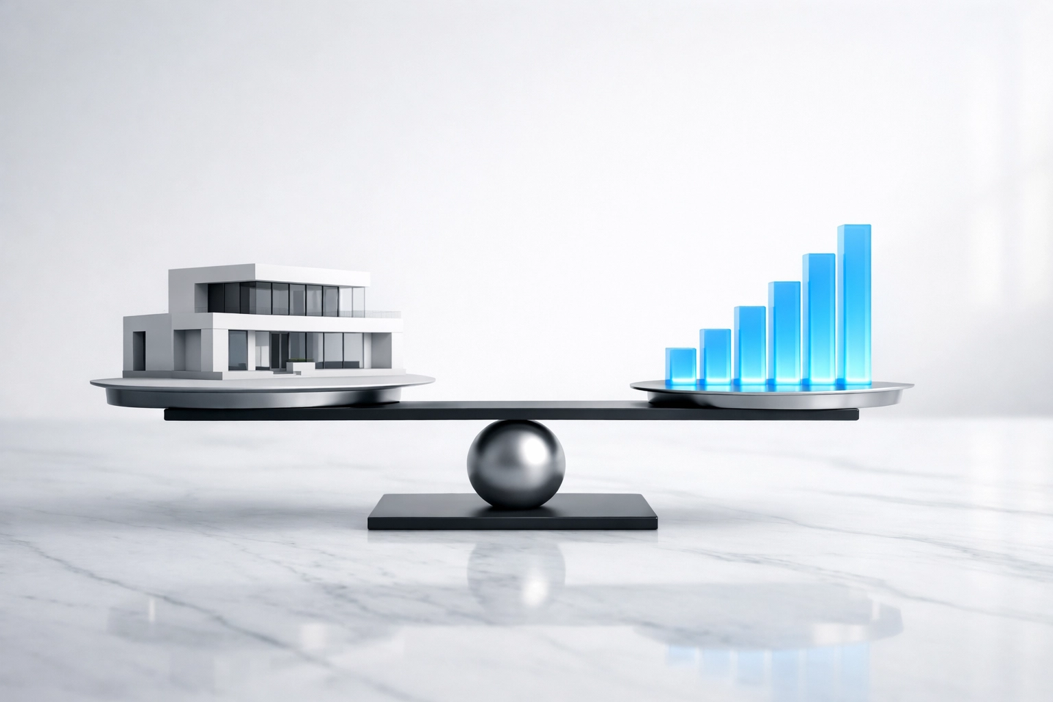 Modern house model balanced against data for accurate pricing by a Houston real estate agent.