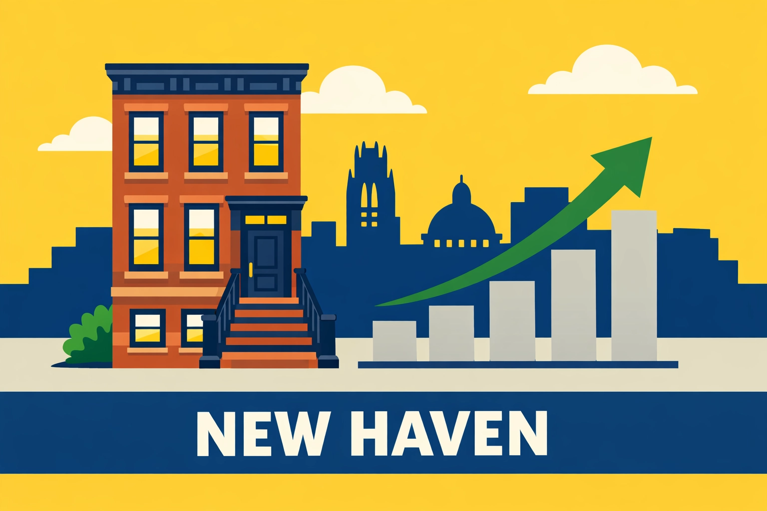 Graph showing the 2026 New Haven property tax mill rate increase over city skyline.
