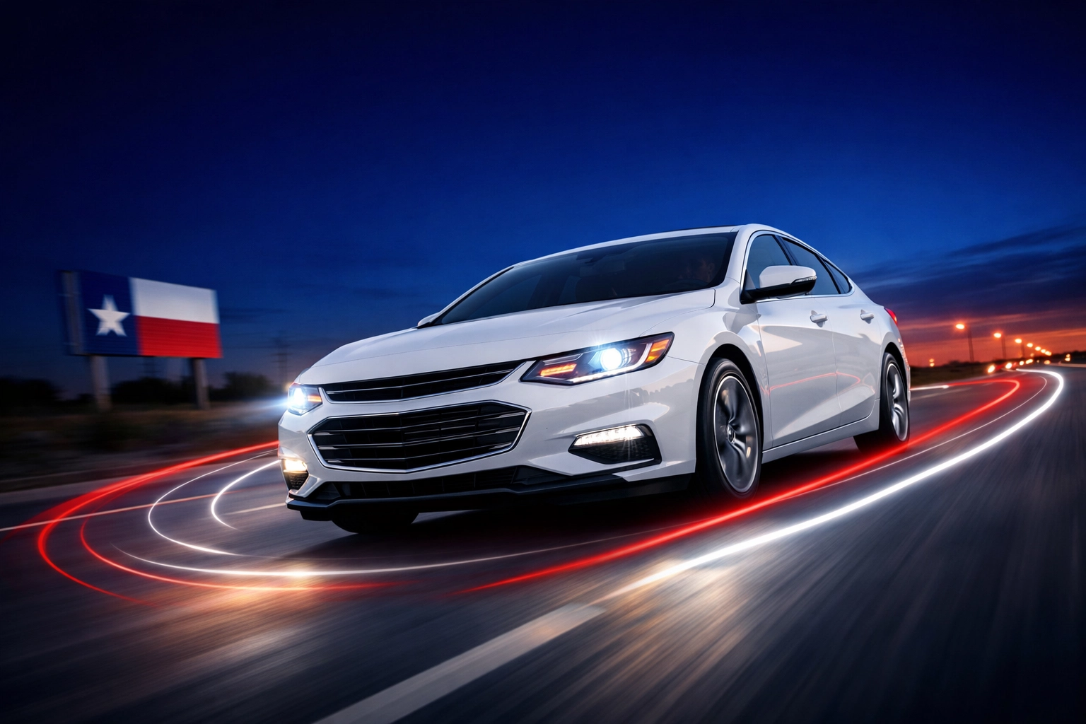 A white car driving safely at dusk showcasing the benefits of accurate ADAS sensor calibration.