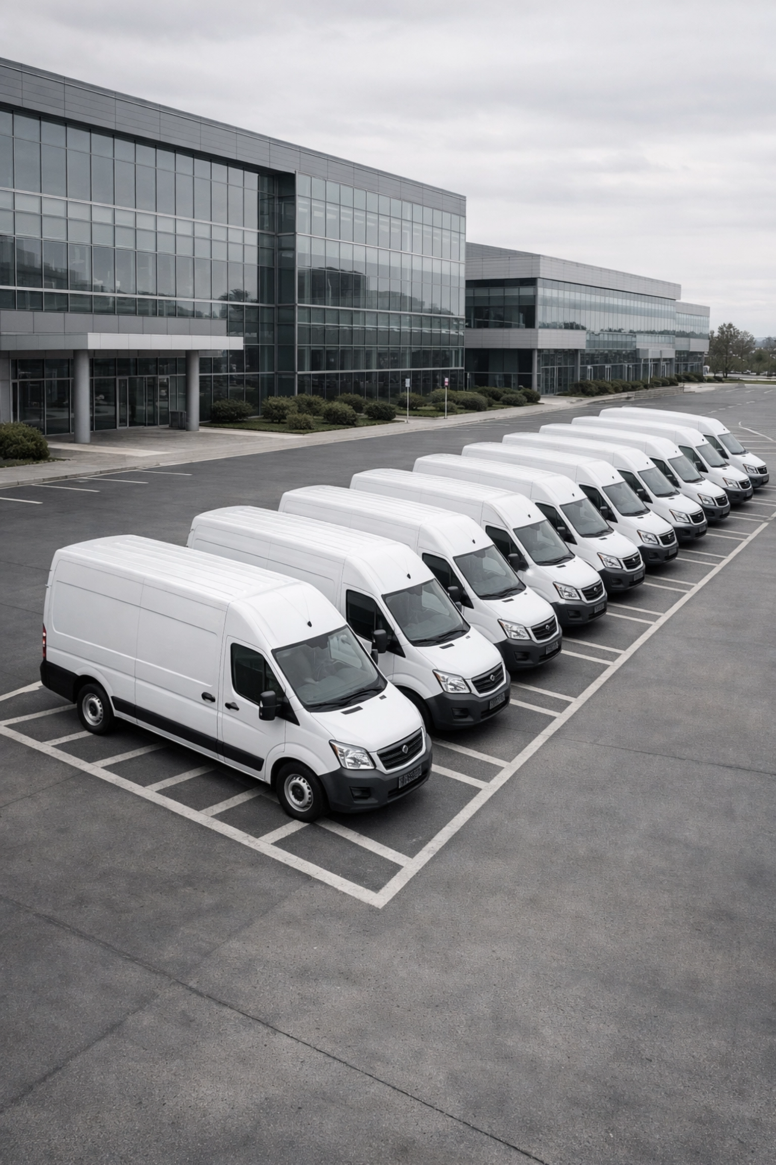 Organized fleet of service vans at a professional facility, highlighting operational efficiency for a business exit.