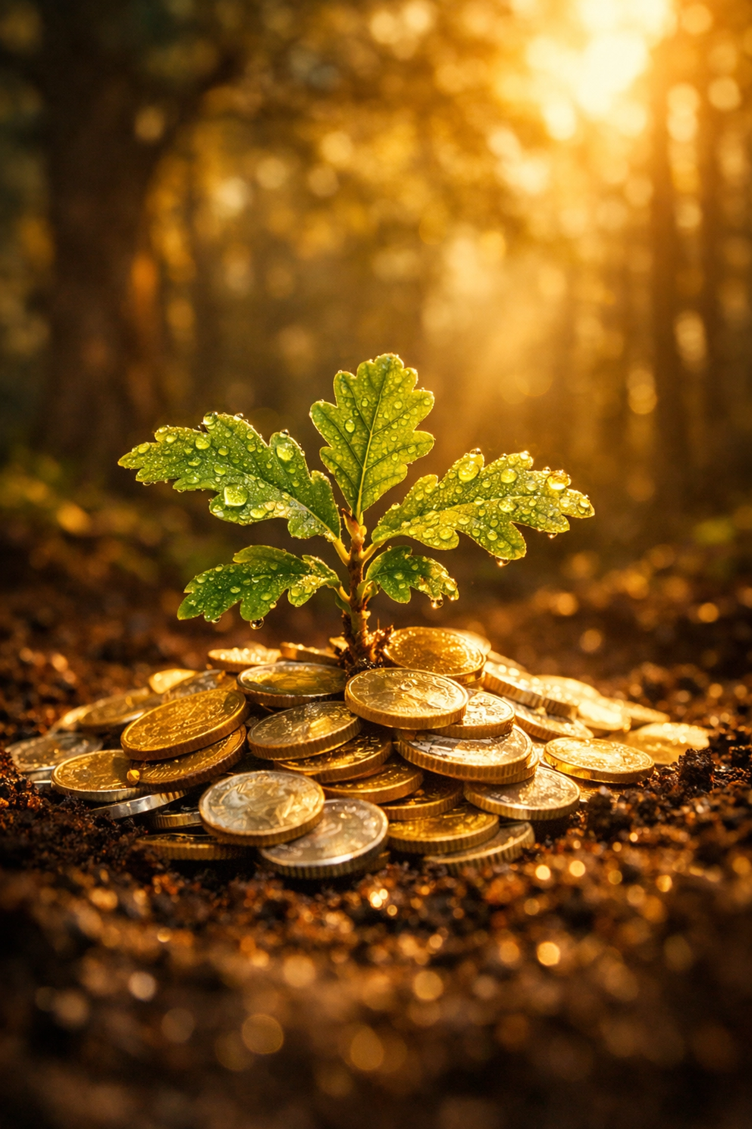 A small green plant growing from gold coins representing the power of dividend compounding over time.