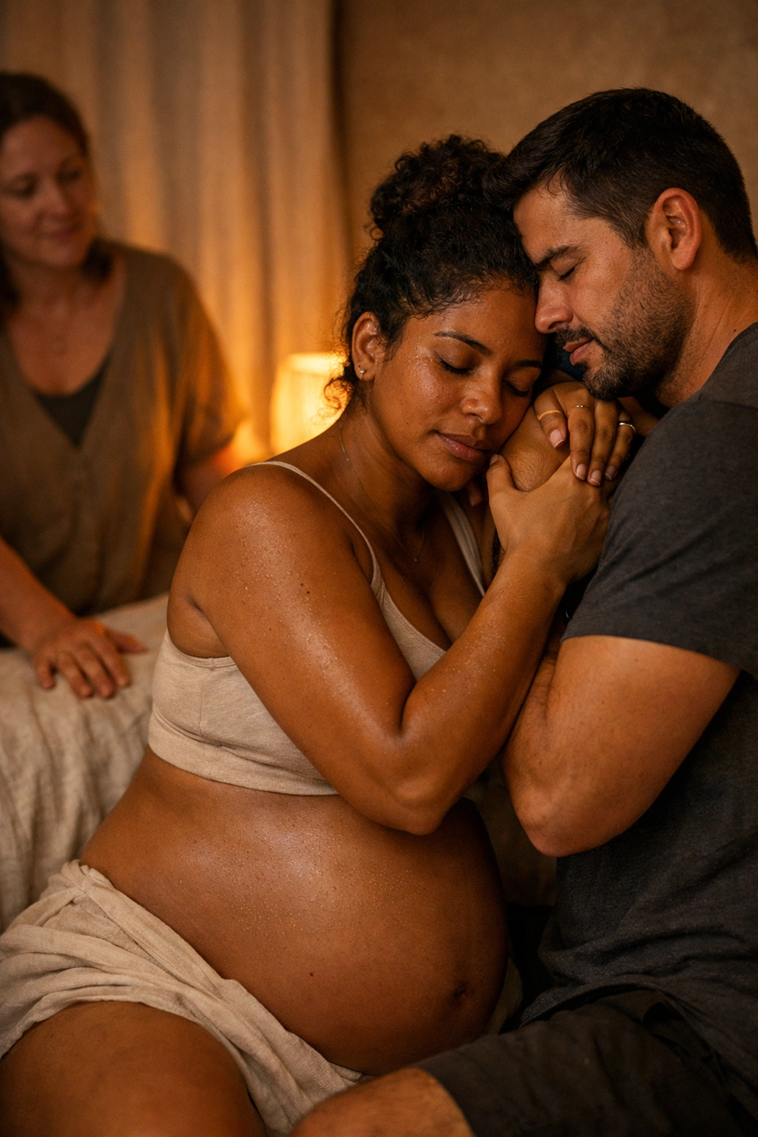 A diverse Brazilian couple during labor, experiencing the quiet presence and emotional support of a doula.