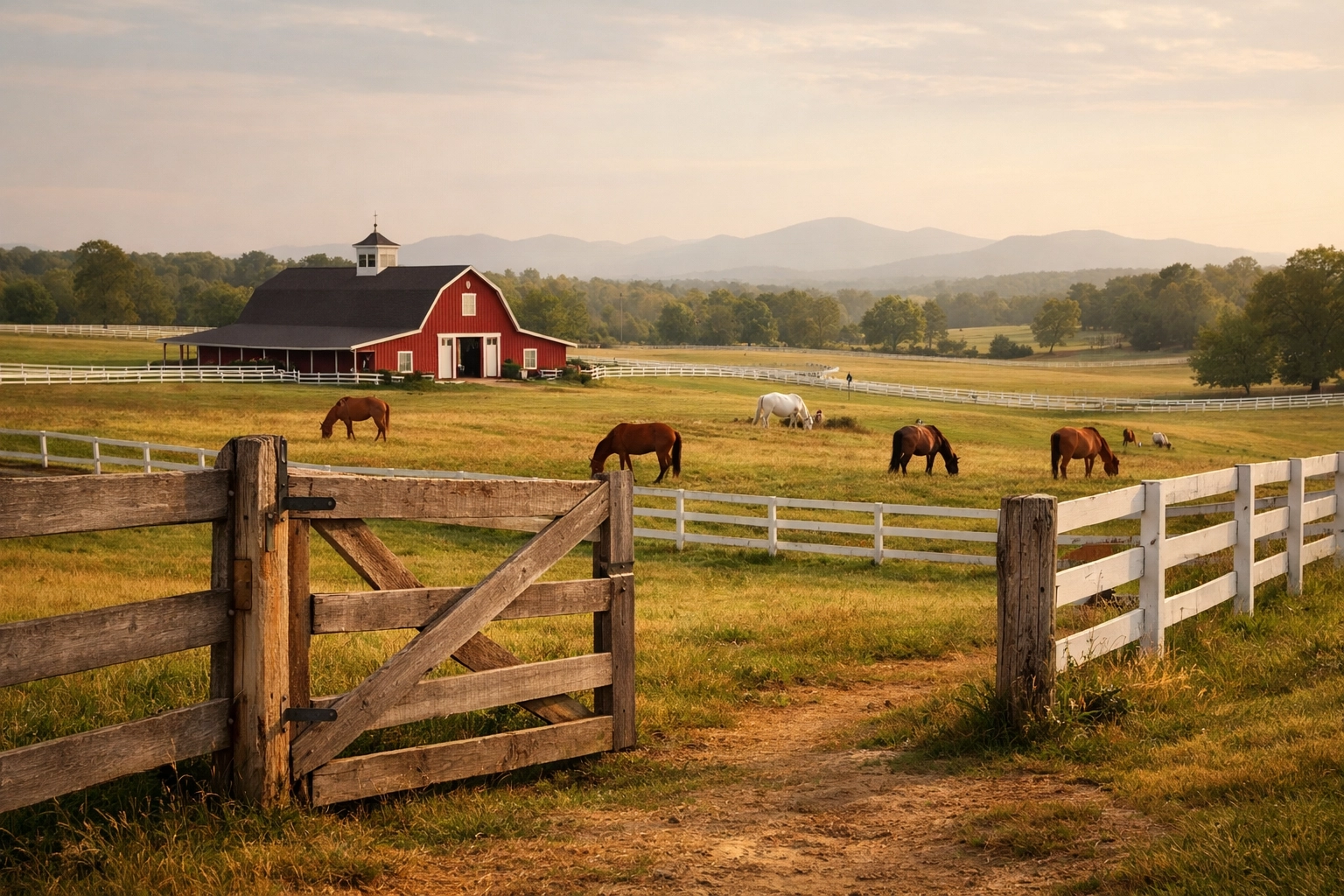 North Carolina horse farm with white fencing and grazing horses near Charlotte