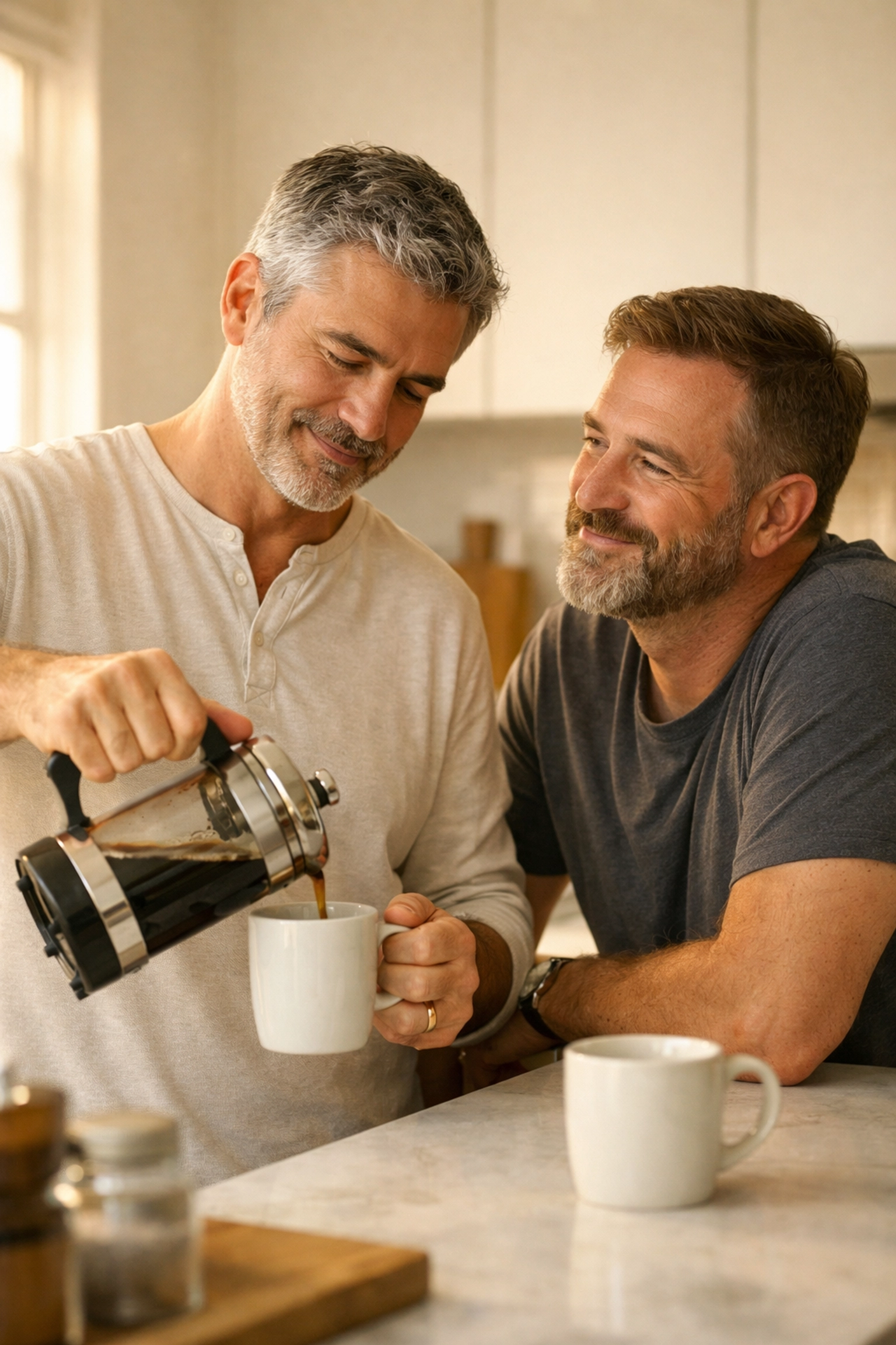 Mature gay couple sharing coffee in a kitchen, symbolizing authentic milestones in queer relationships.