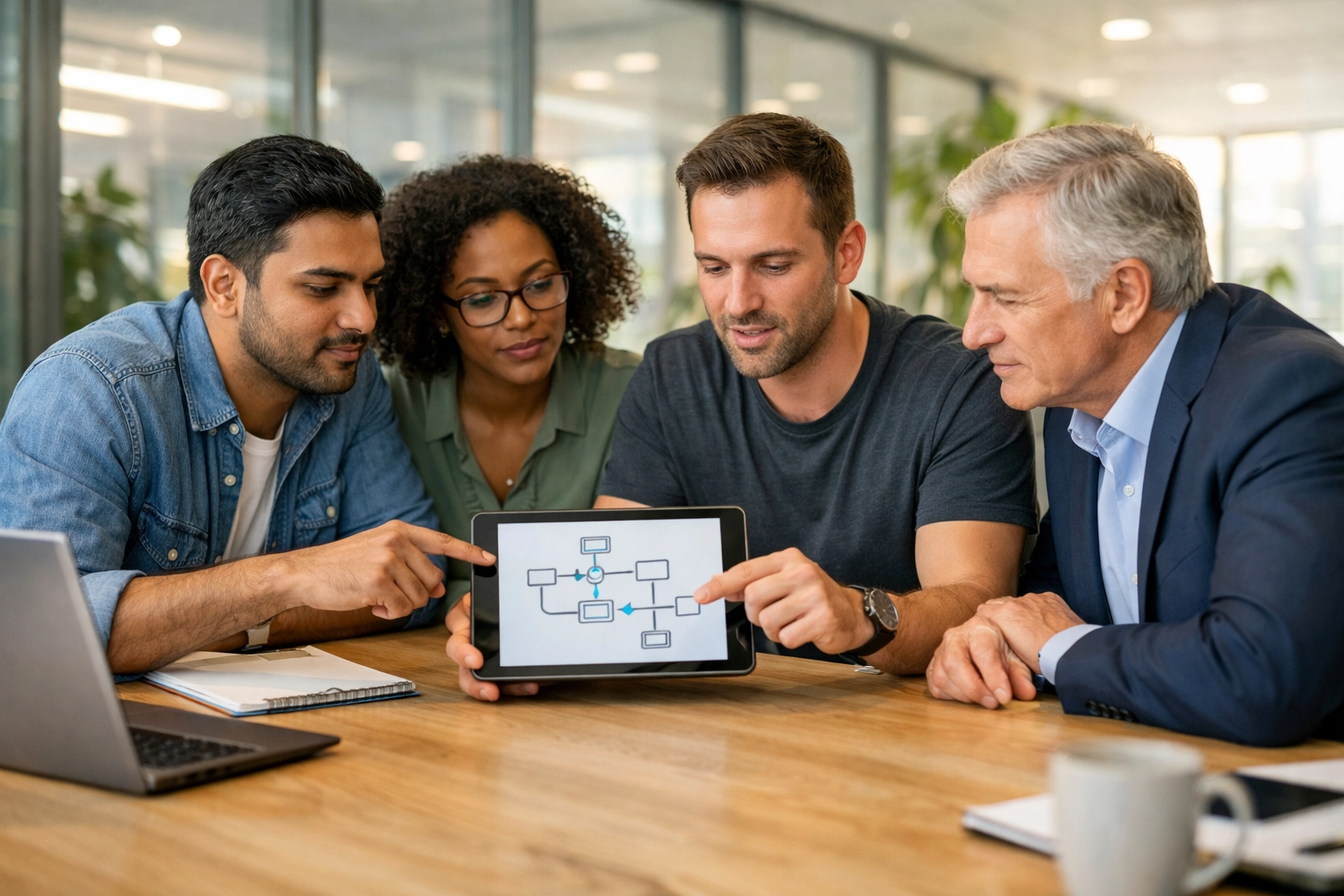 IT consultants and executive reviewing a ServiceNow custom app strategy flowchart on a tablet.
