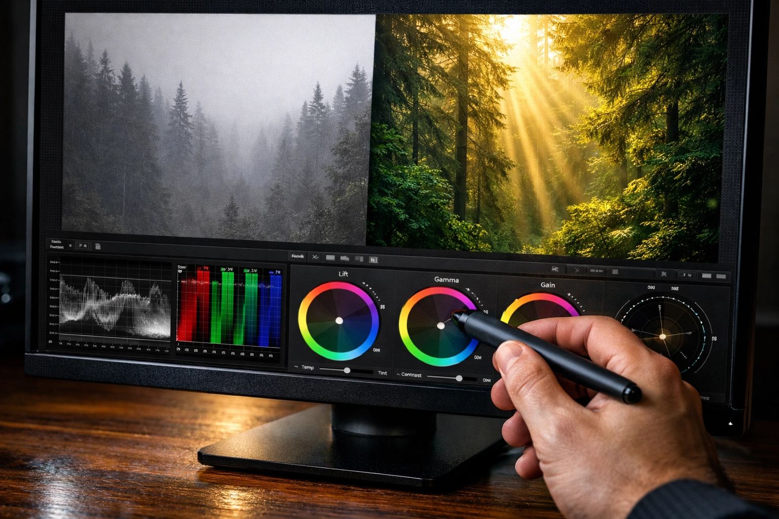 Monitor displaying professional color grading comparing a flat RAW image to an edited forest.