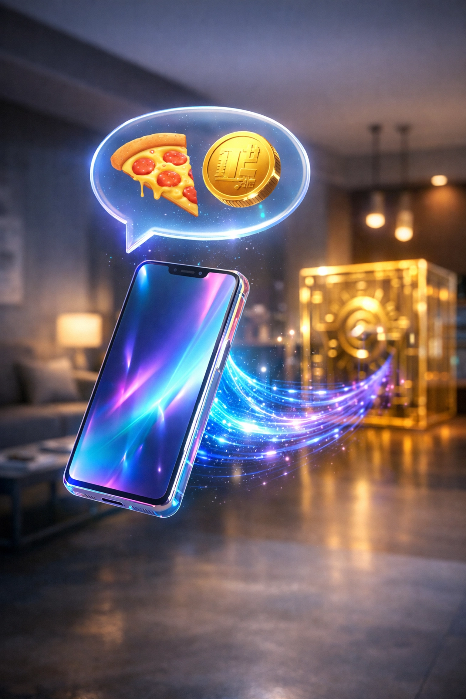 AI-powered voice-activated crypto payment for a pizza order via the Larecoin smart wallet app.