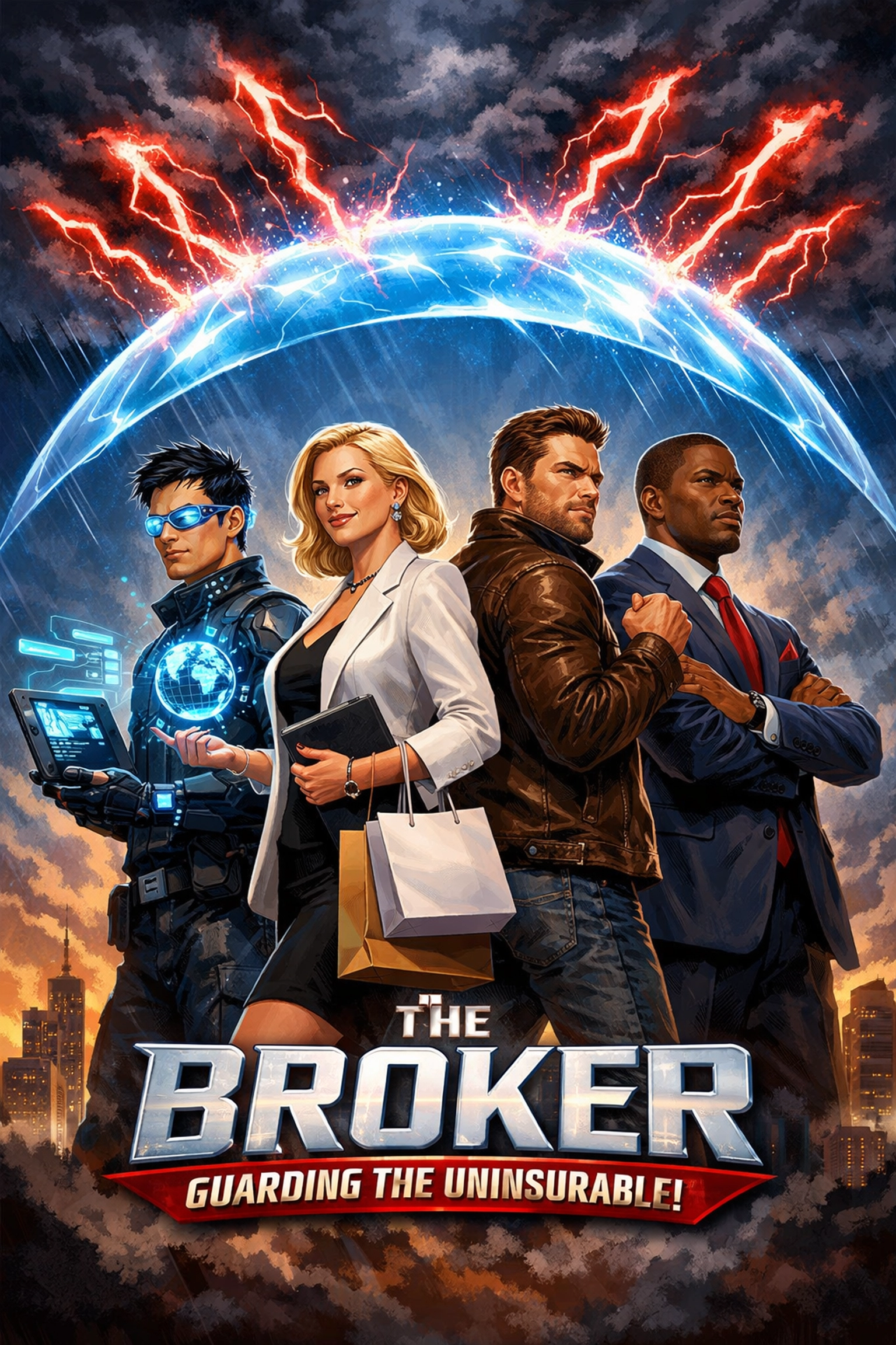 Graphic novel style illustration of a protective shield securing high-risk merchant accounts from bank denials.