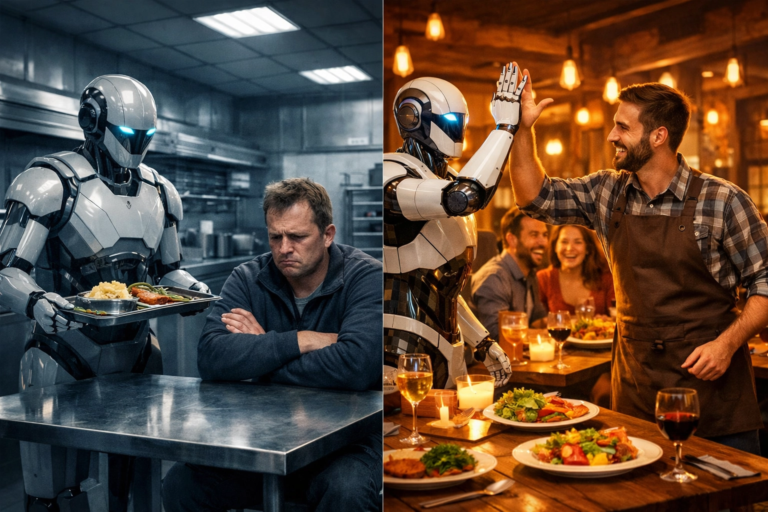 Comparison of cold industrial automation versus warm collaborative restaurant technology with happy staff
