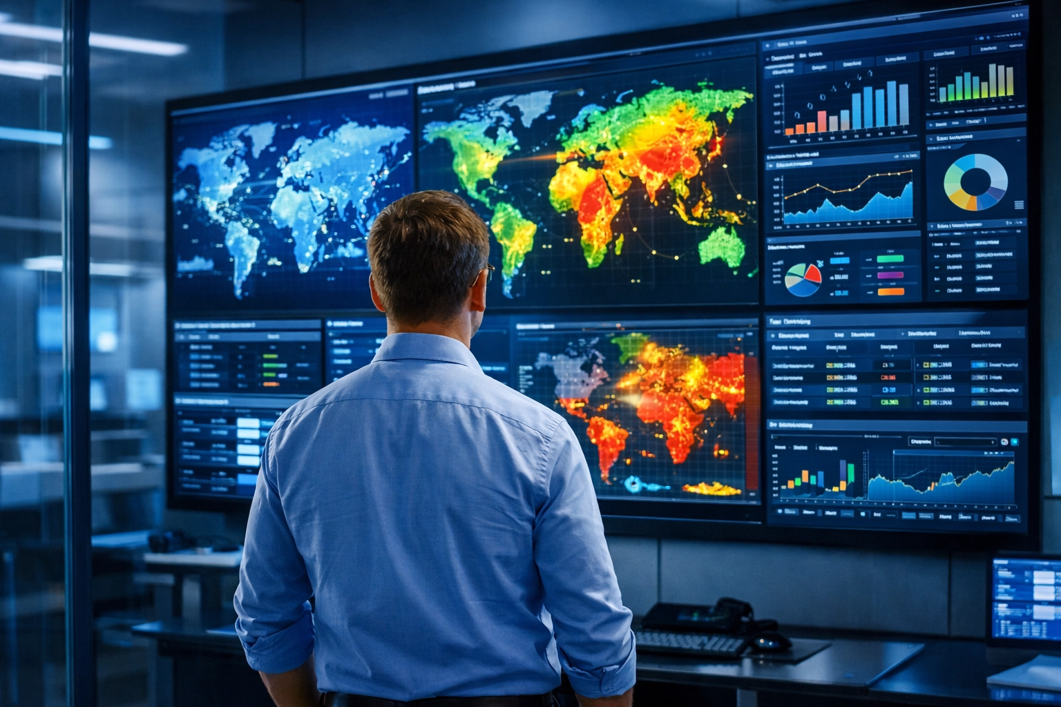 Logistics strategist monitoring global supply chain maps in a command center for 4PL management services.