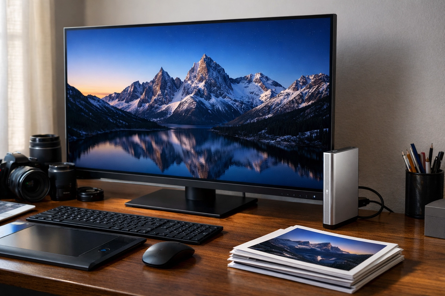 An organized photography studio desk showcasing a finished edit and an efficient workflow.