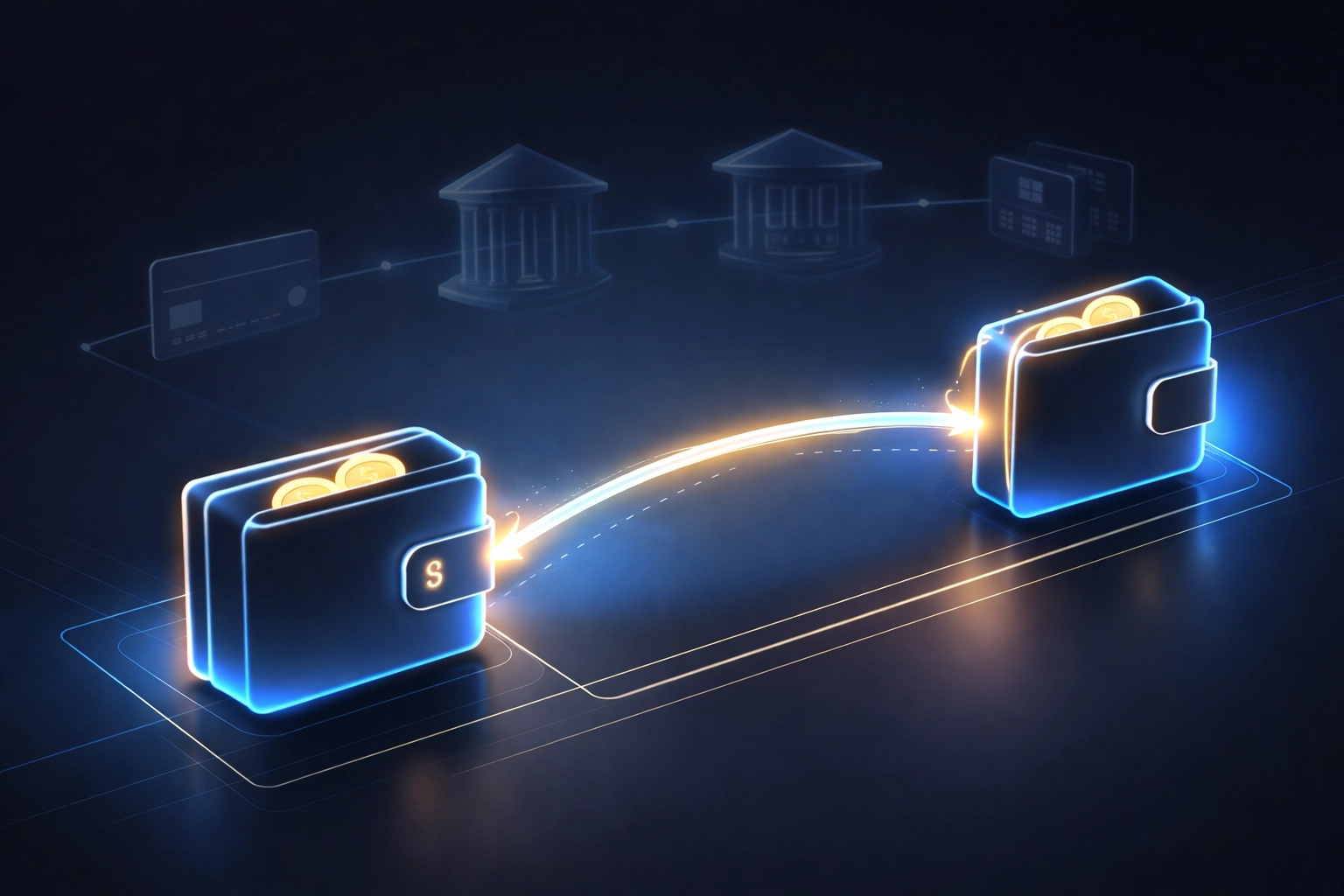 Futuristic digital wallets connecting directly, bypassing banks and reducing merchant payment fees with Web3 technology.