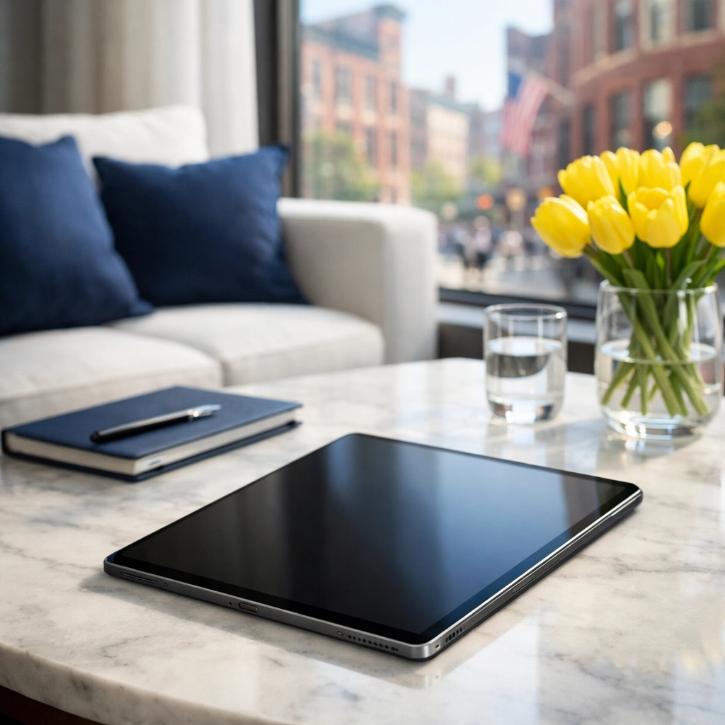 Finding top-rated cleaning services near me on a tablet in a modern Massachusetts home.