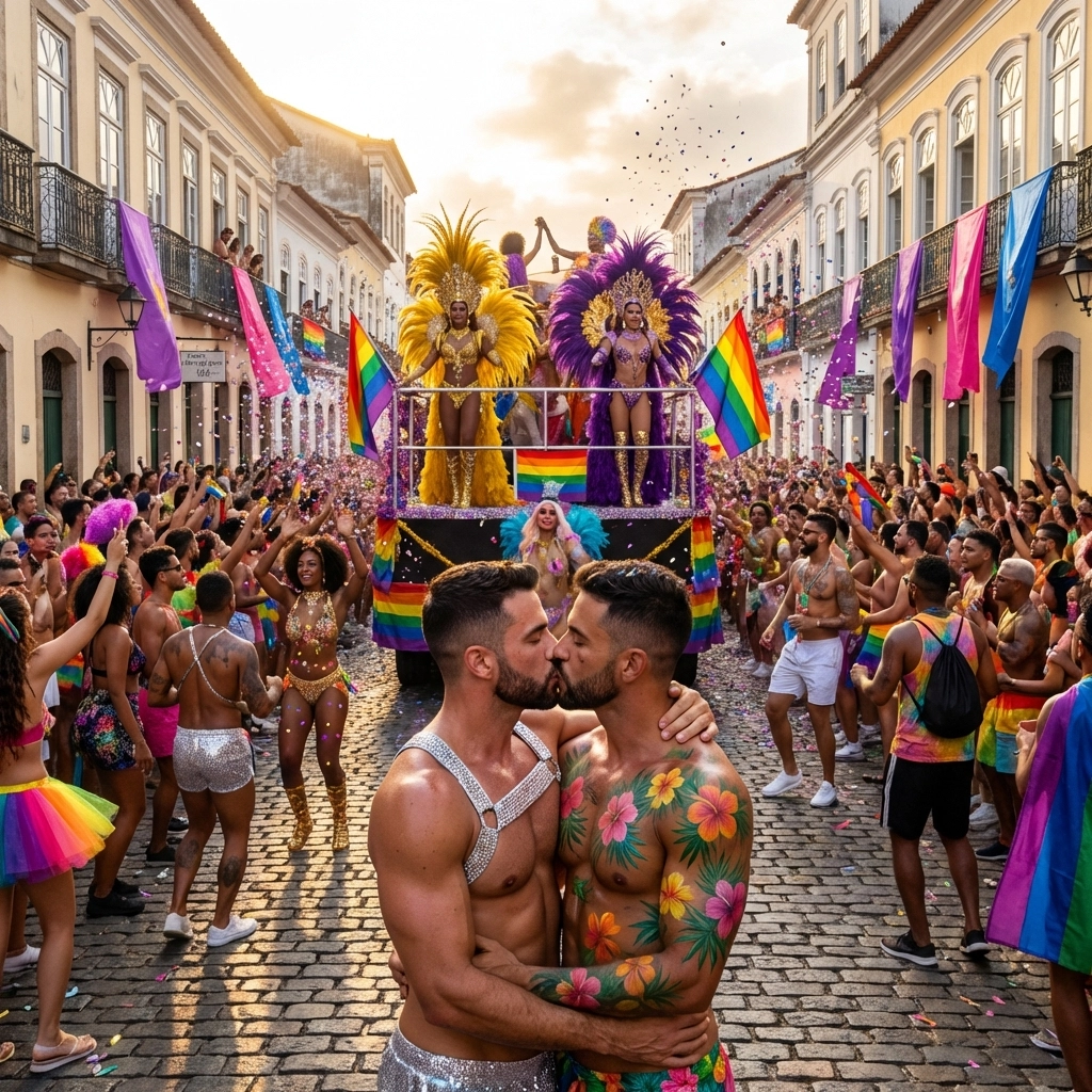 Gay couple kissing at Rio Carnival bloco parade with drag queens and rainbow flags