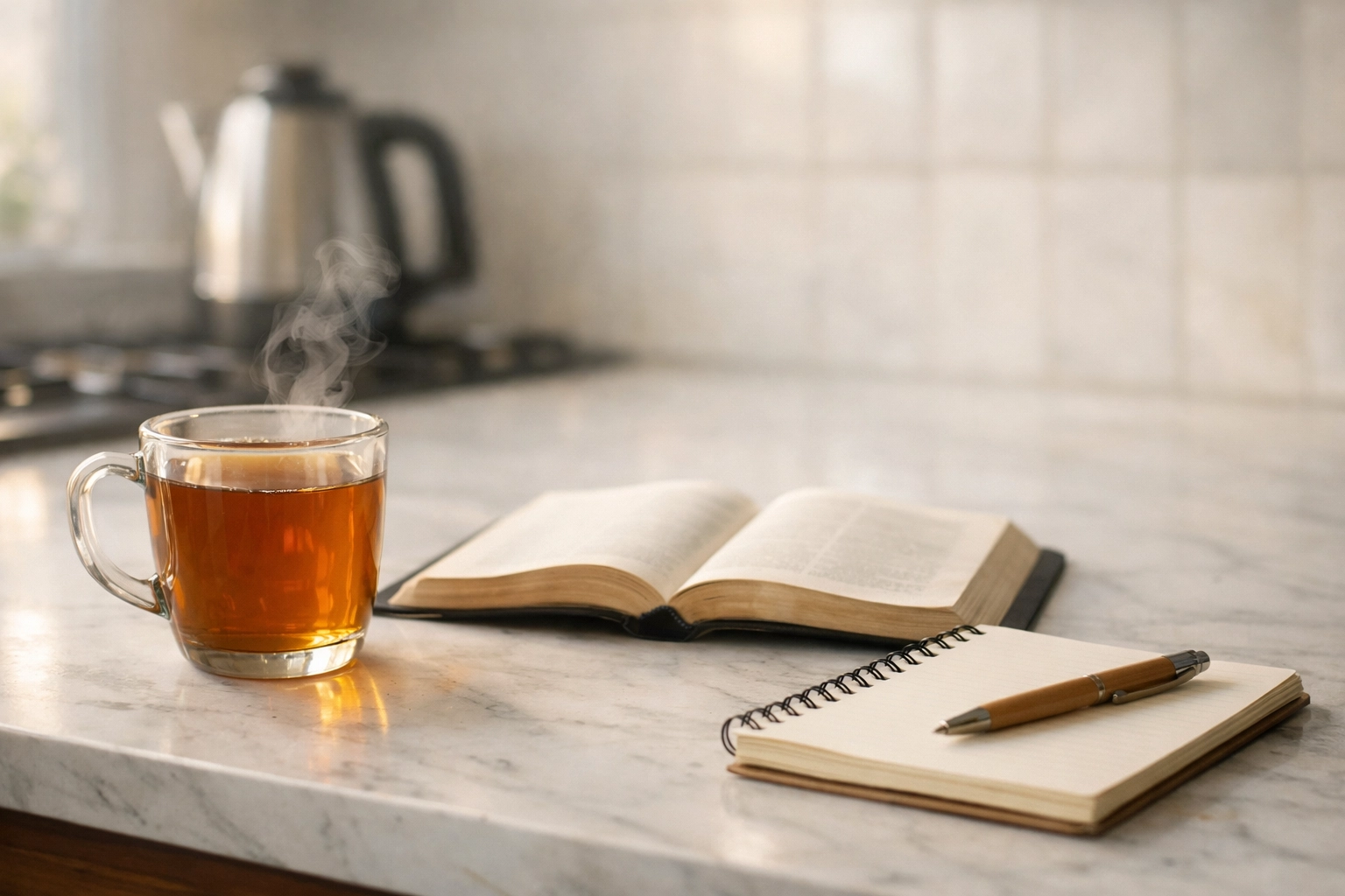 Morning devotions with an open Bible and notebook for simple daily faith growth.
