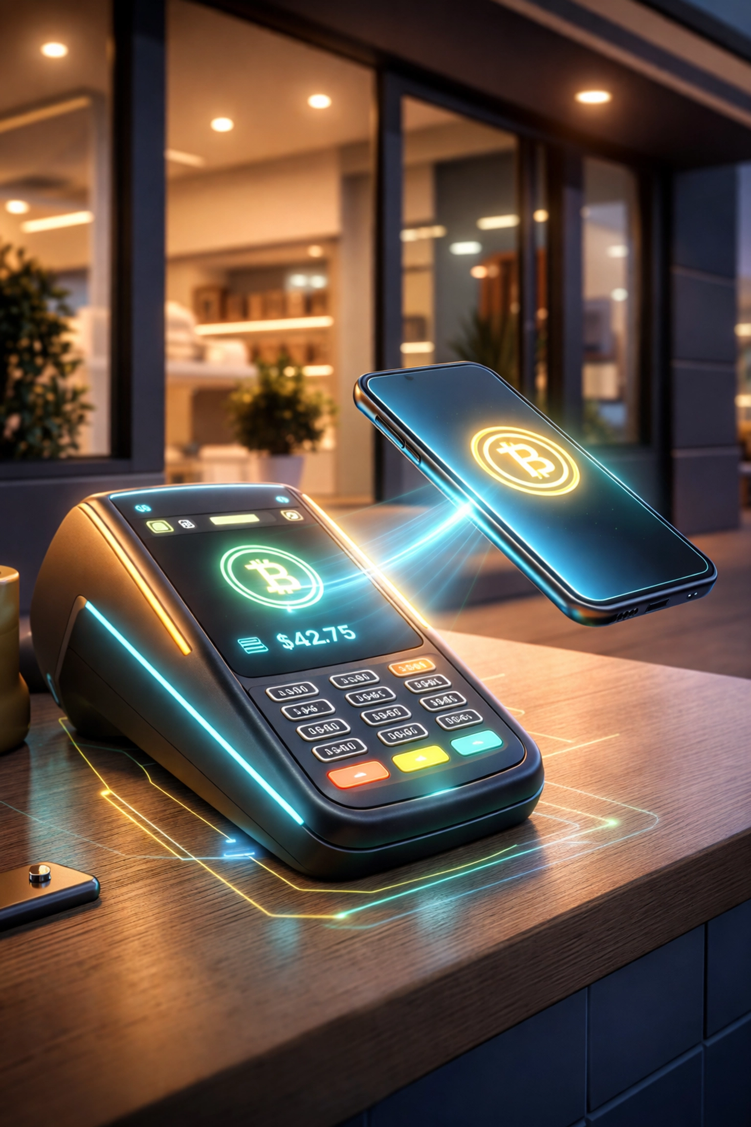 Modern small business processes a Web3 crypto payment at smart terminal, showcasing contactless NFT receipts and stablecoin benefits.