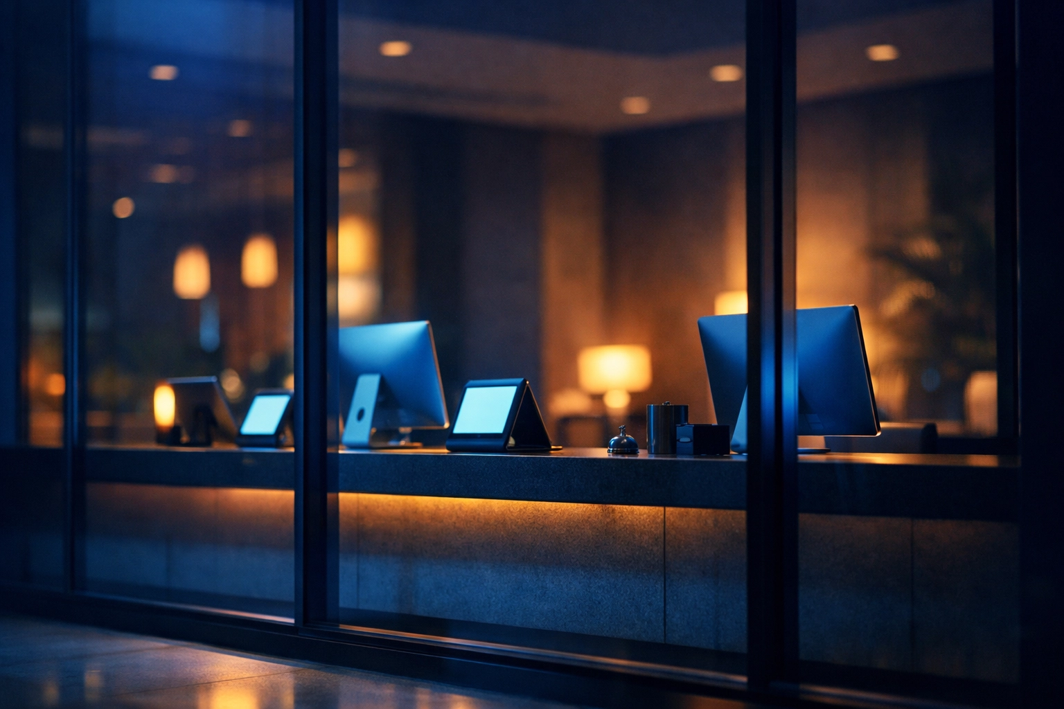 Empty hotel reception desk at night with automated hotel management software running