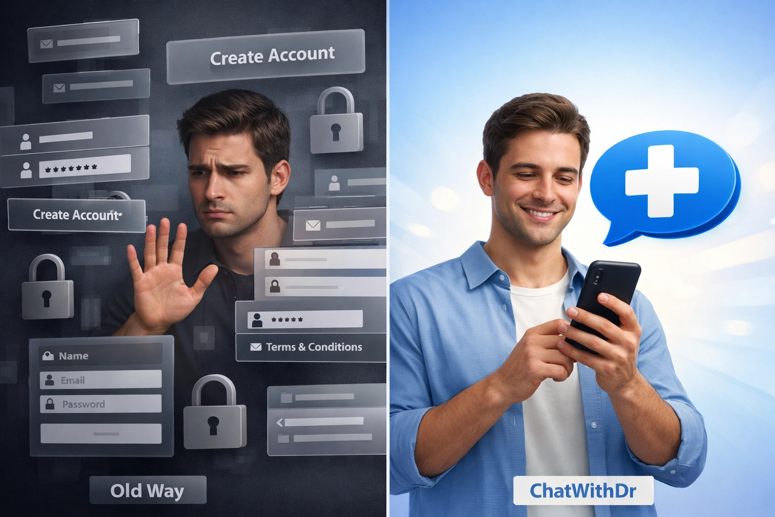 Comparing online urgent care: no-registration secure medical messaging vs complex account registration.