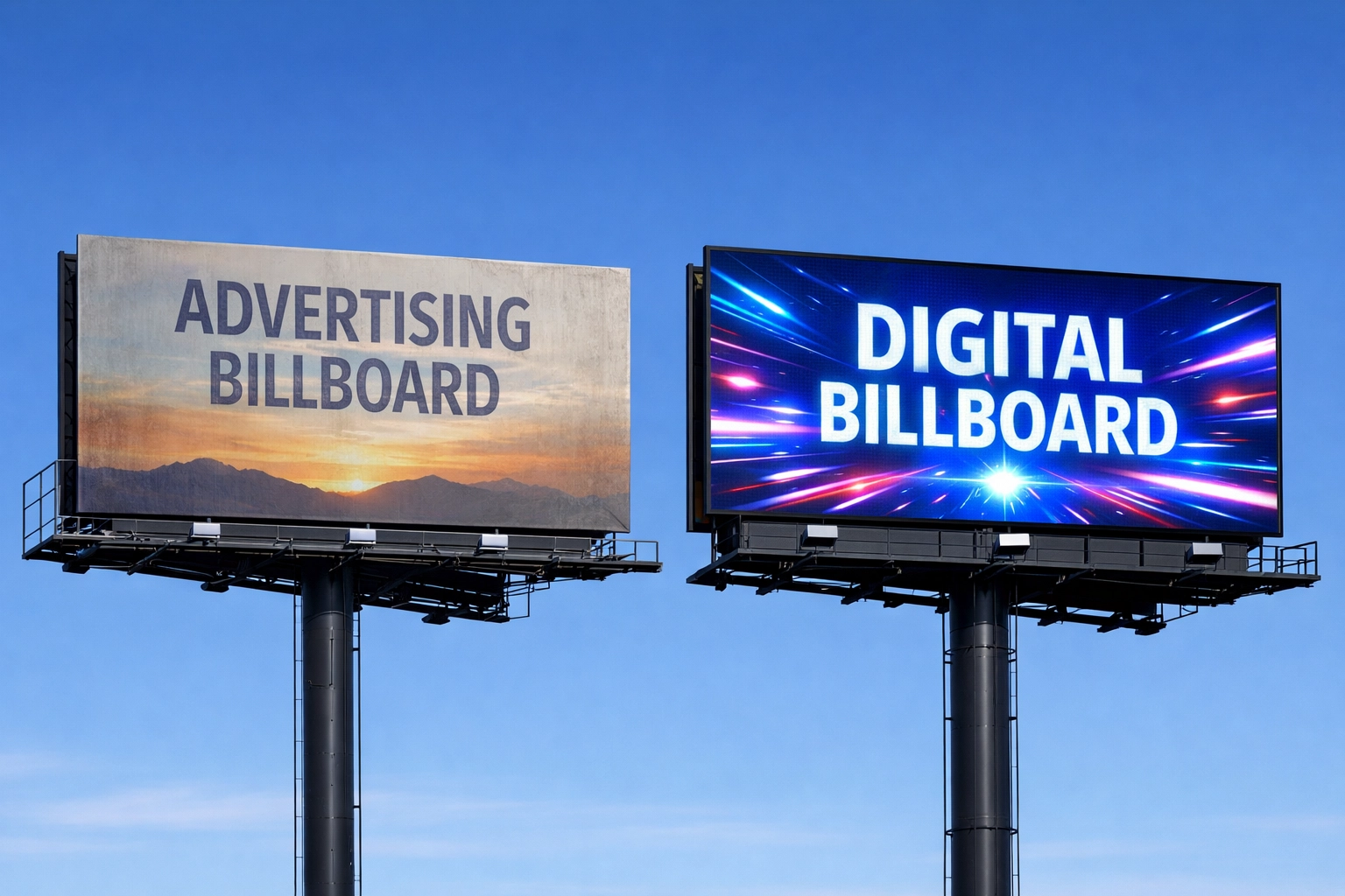Comparison of traditional static billboard versus modern digital LED advertising display