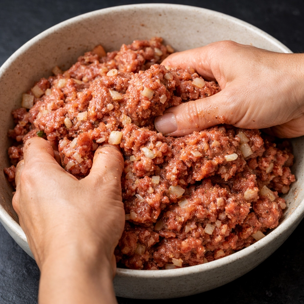 Hackfleischmasse für Kjøttkaker wird in einer Schüssel verknetet