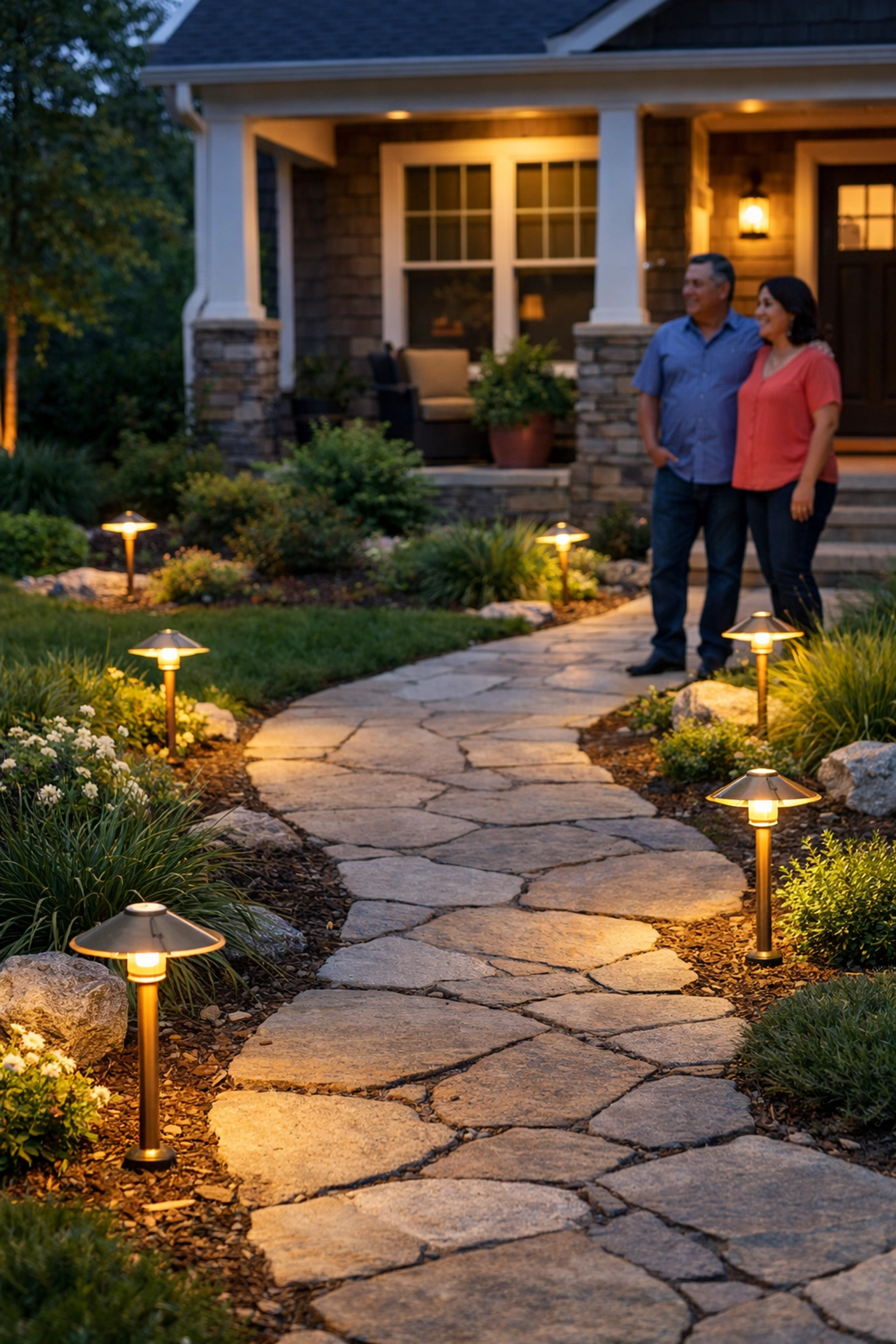 Staggered brass path lights illuminating a stone walkway at a Gwinnett County home.